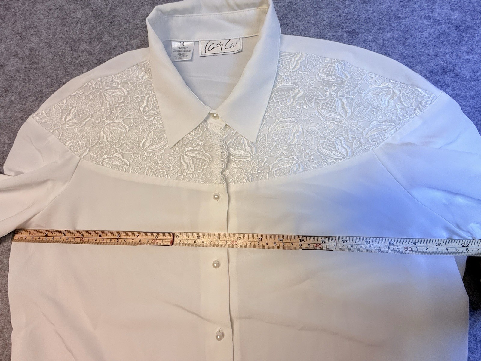 Kathy Che Vintage Ivory Long Sleeve Dressy Blouse~ Lace Pearls Sequins Size 14