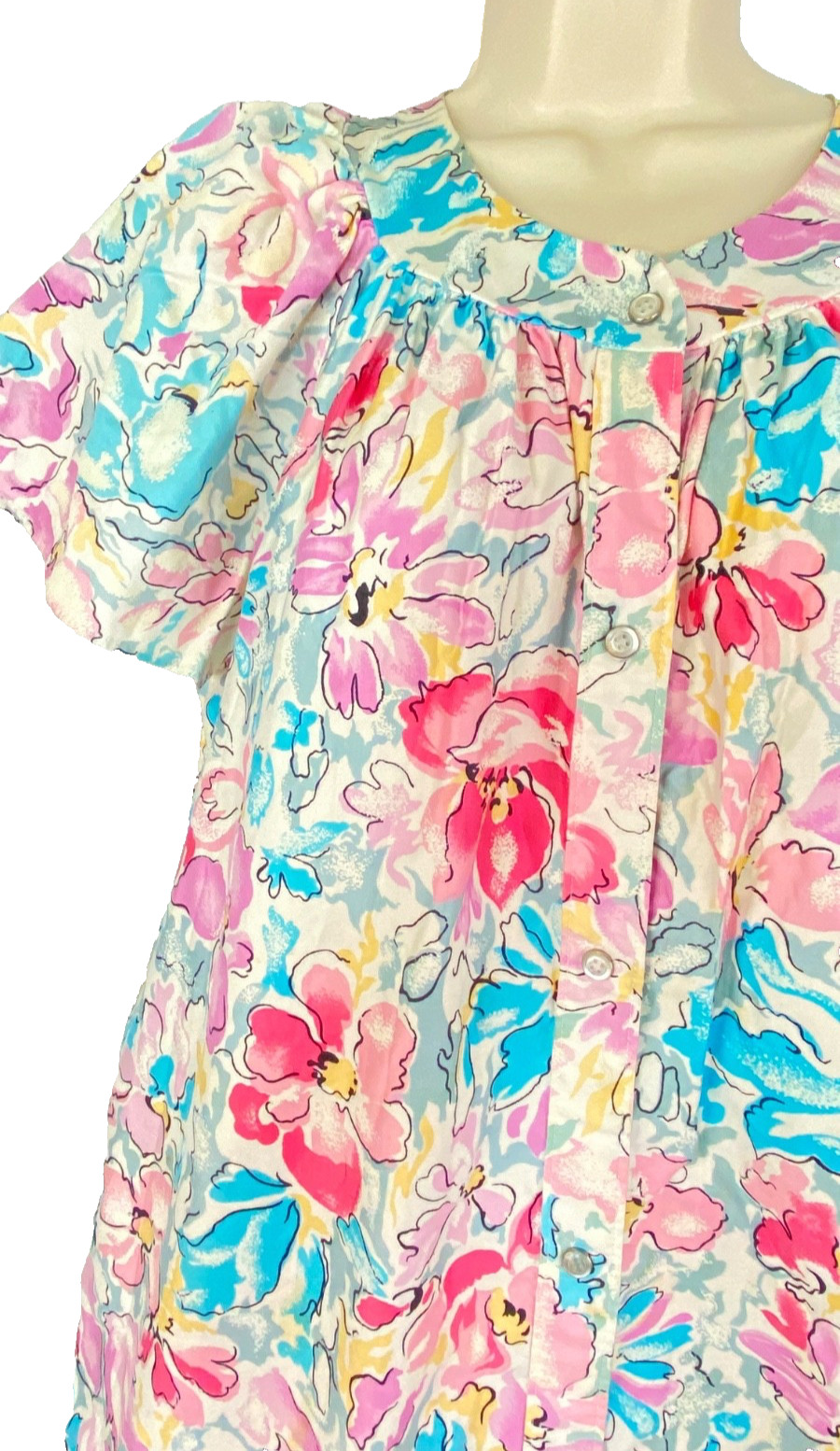 Vintage 1980s pink floral lounge dress muumuu short sleeves tent white cotton