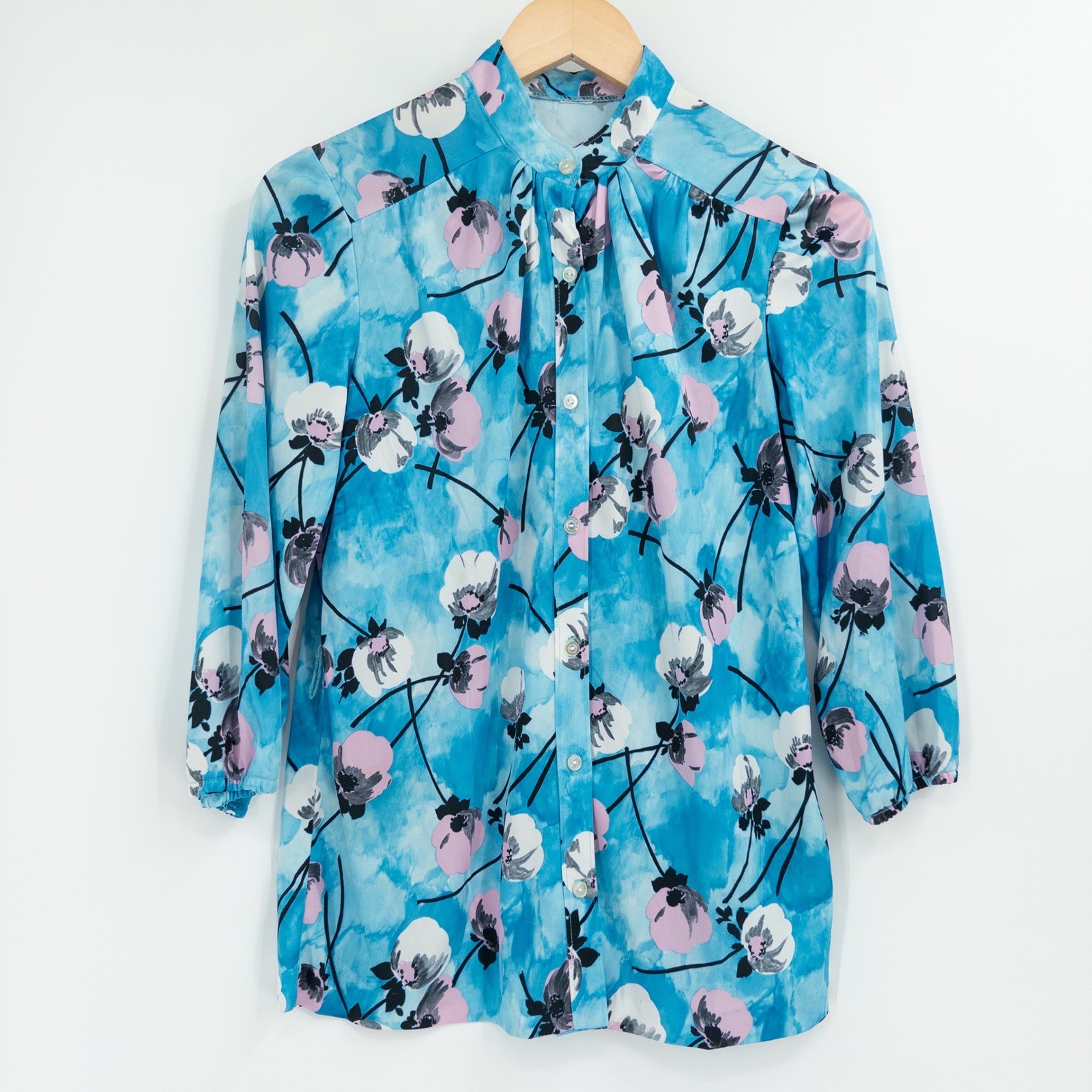 Vintage Floral Blouse Women Medium Blue 70s Psychedelic Disco Retro Fun Groovy
