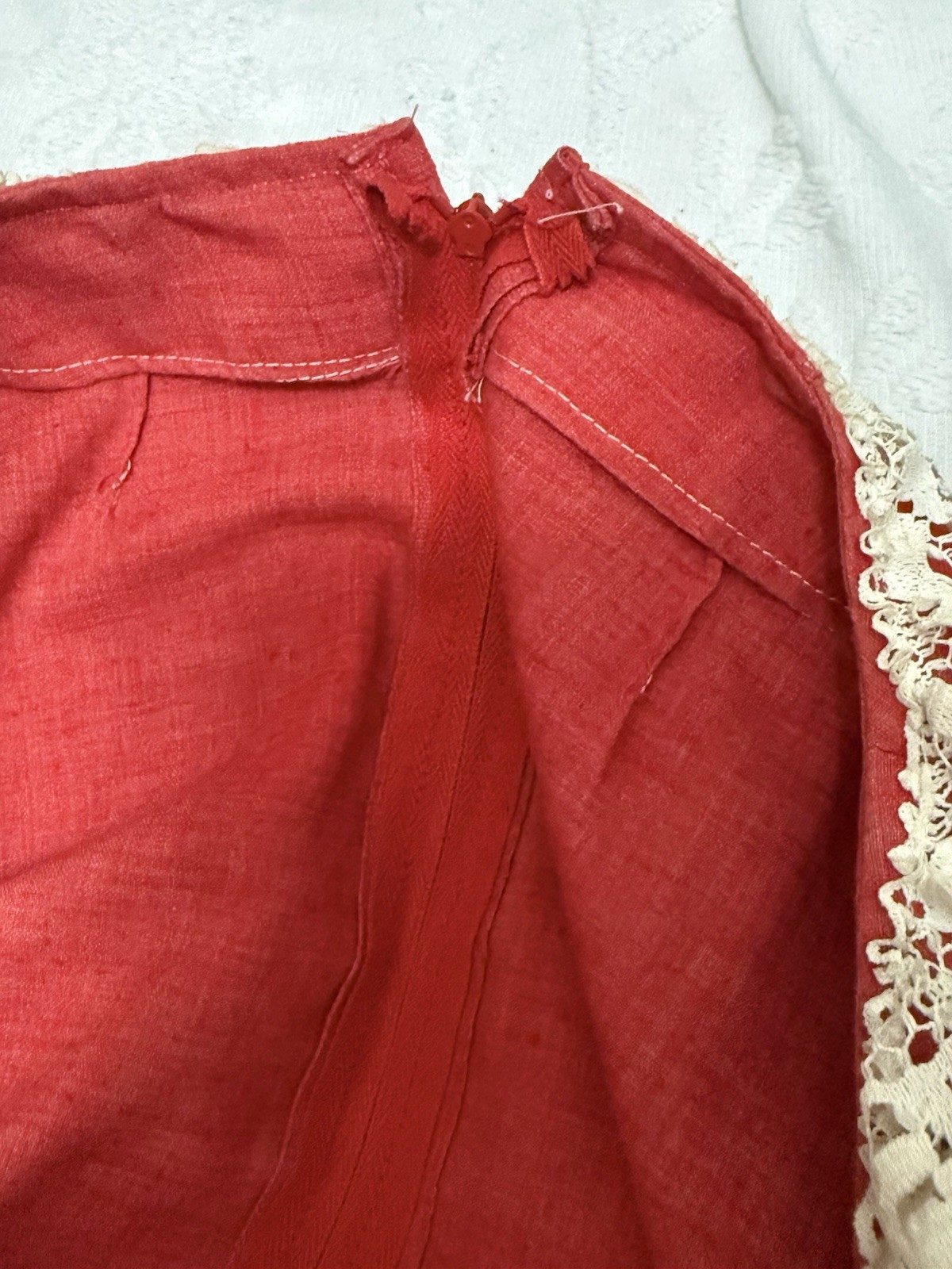 Vtg 70s Handmade Prairie Dress Red Gingham Lace Bib Farmhouse XL Storybook Style