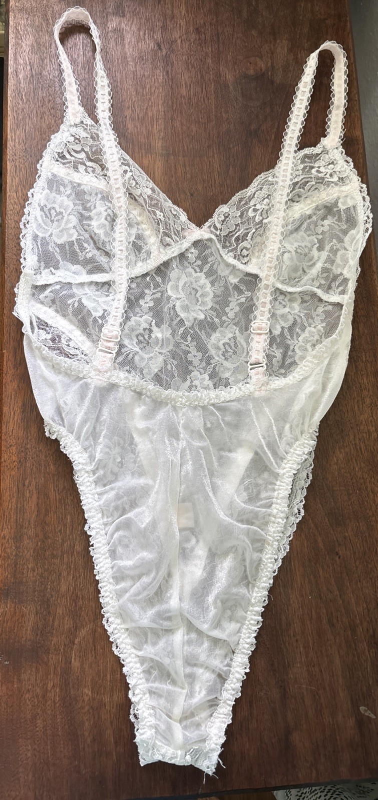 Vintage E. Bole White Lace High Cut Teddy Sheer Lace Pink Bow Ribbon Lingerie M
