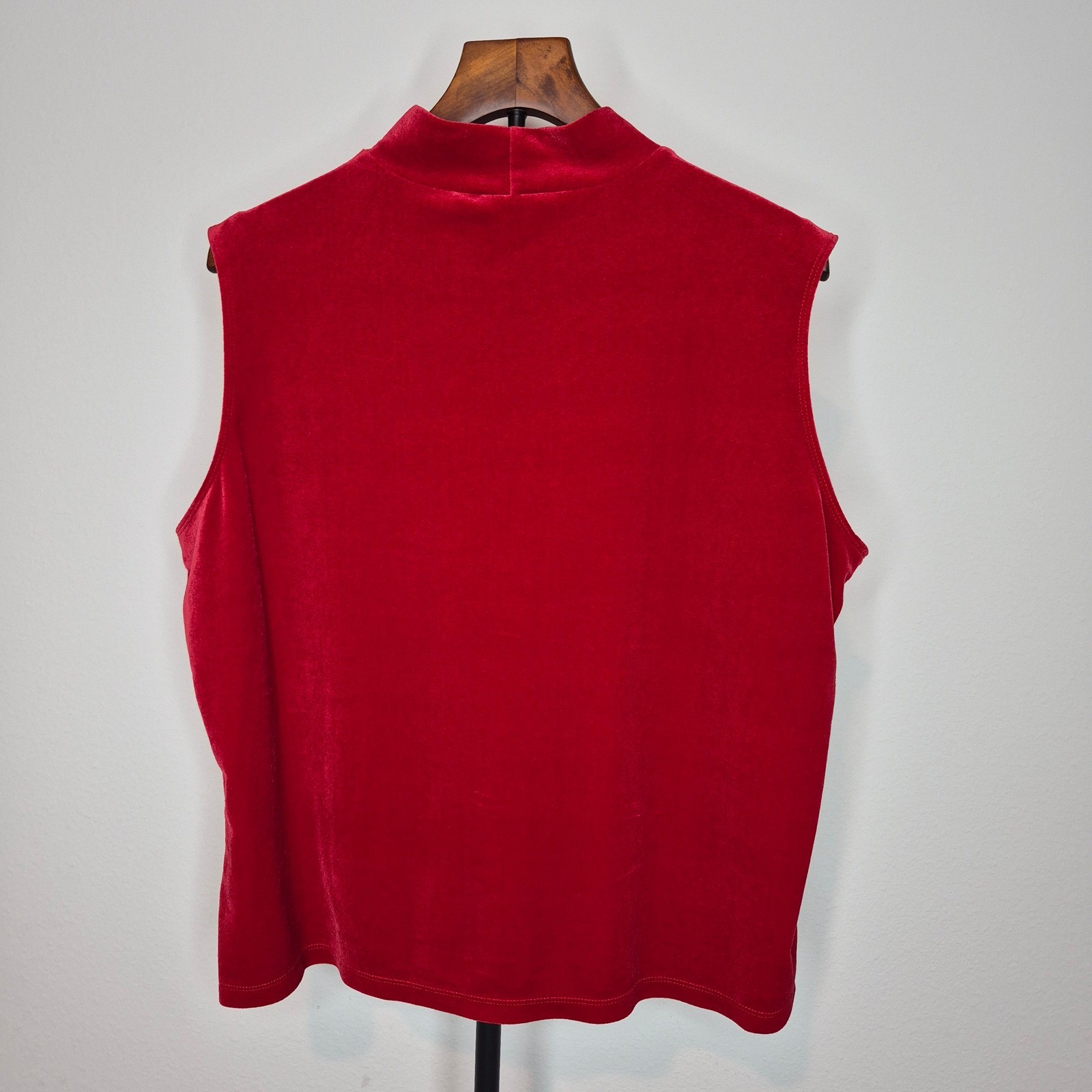 Vintage 90s Red Velvet Sleeveless Mock Neck Top XL Party Maximalism Dopamine