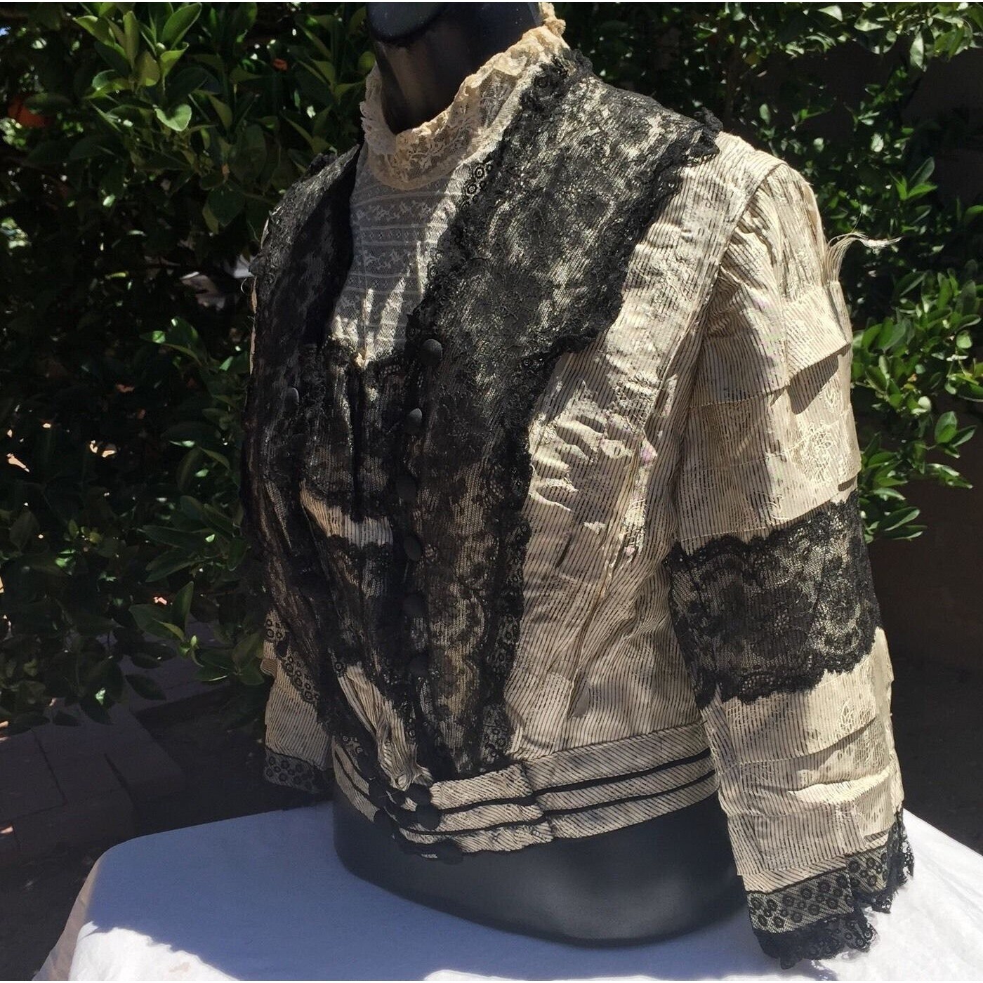 Antique Victorian Day Dress Bodice Cream Silk Black Lace Boned Blouse DAMAGED