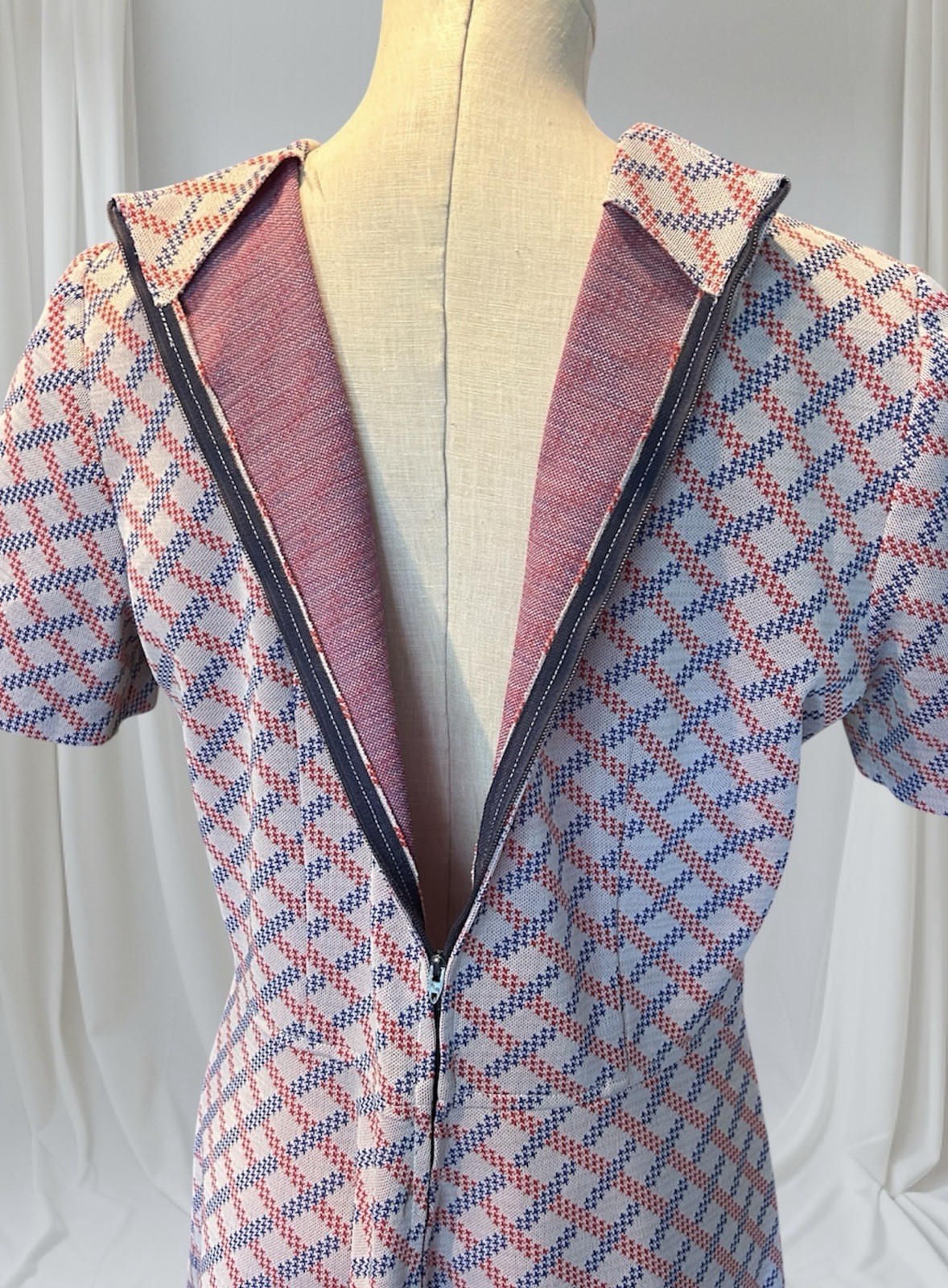 Mod Print Hand Made L Polyester Dress 1960’s Blue Red White Plaid Vtg