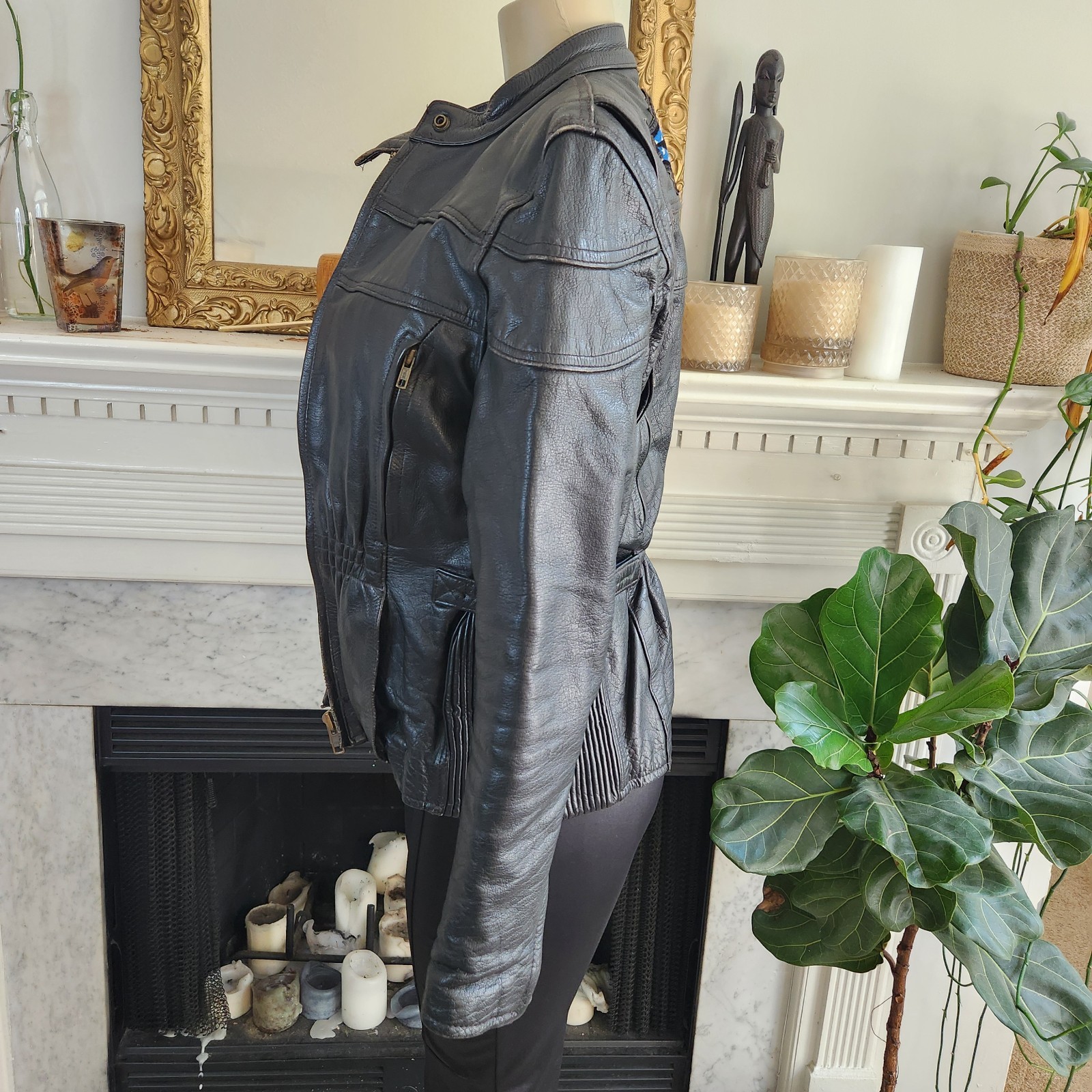 Vintage 80s Black Leather Moto Jacket Racing Biker Skull Size Medium Rocker