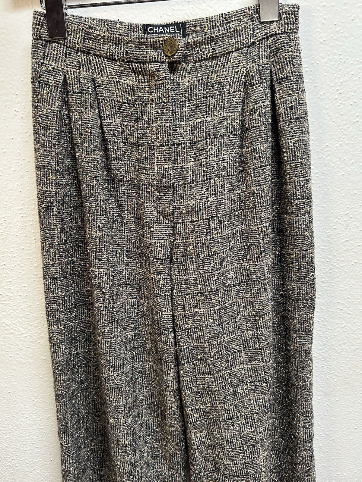 Vintage Chanel Tweed Wide Leg Trousers Wool Blend Silk Lining
