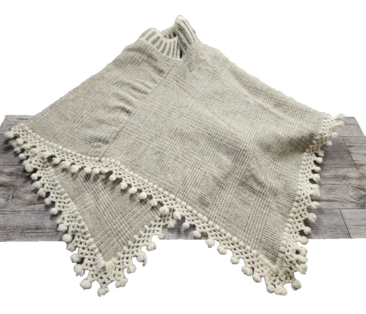 Wool Poncho Cape Fringe Handmade Mexico Vintage Crochet Hippie Boho Lagenlook