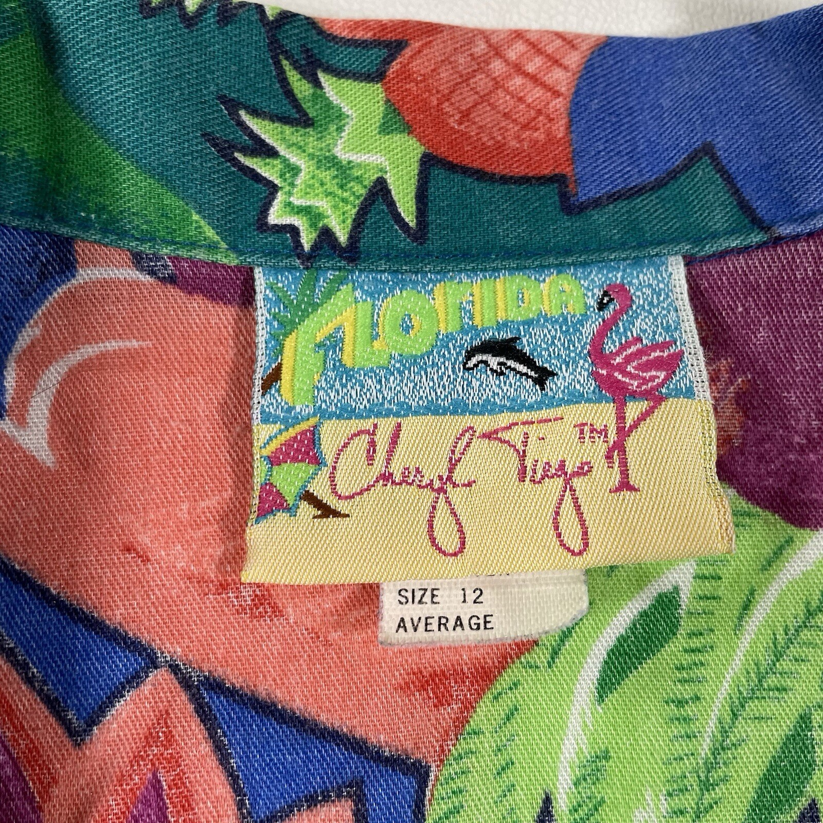 Vtg Cheryl Tiegs Button Shirt 12 Average Tropical Florida Flamingo Graphic AOP