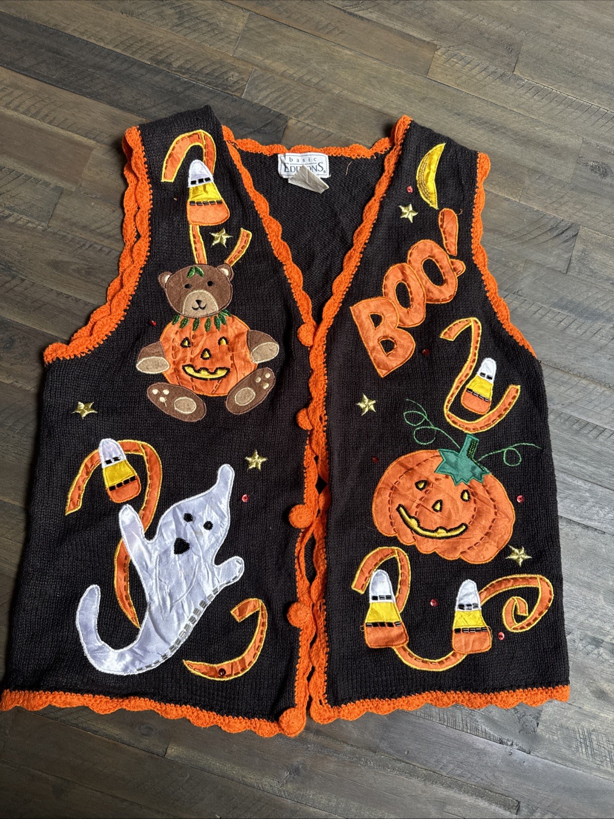 Vintage 90s Basic Editions Halloween Sweater Vest Bears Pumpkins Ghost Small
