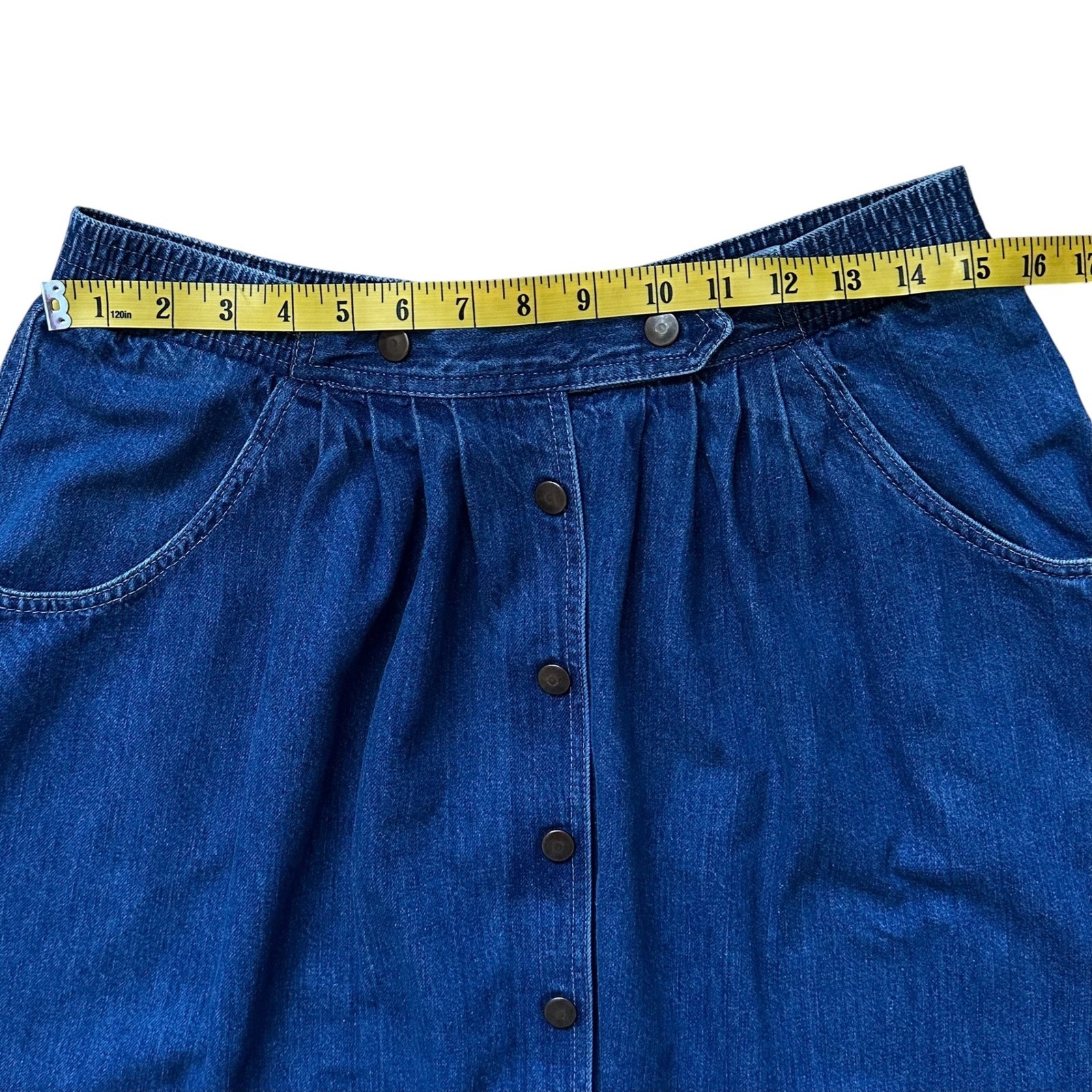 Vintage 80s Sasson Denim Midi Skirt 100% Cotton Snap Front Elastic Waist Size 8