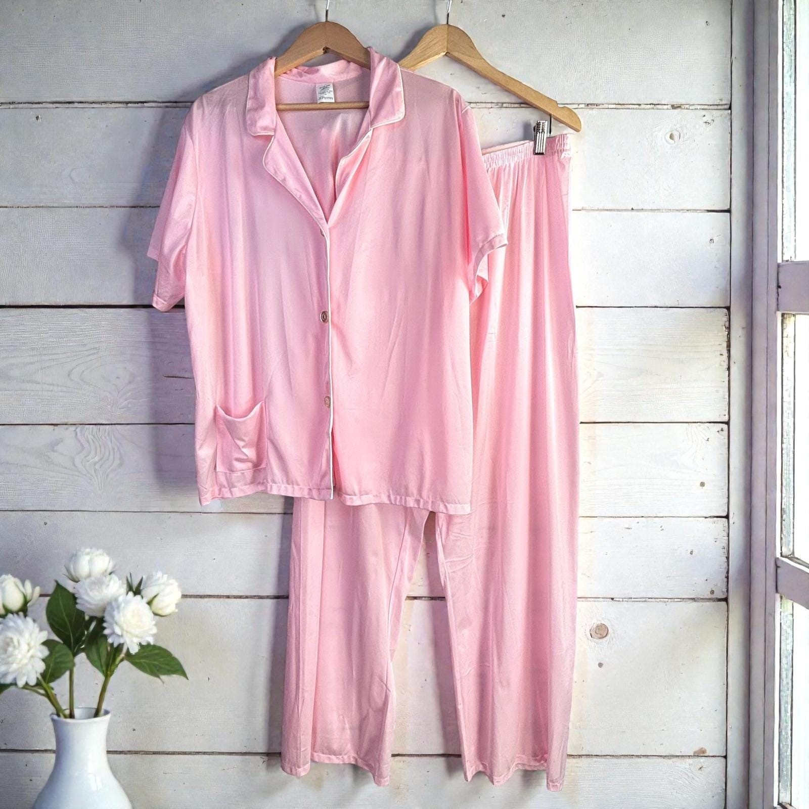 Coquette Barbiecore Vintage Pajama Set JCPenney 44/XL Pink Silky Nylon Soft Girl