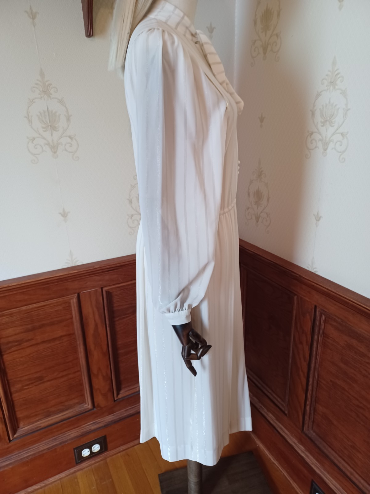 Vintage 70s/80s White Pussybow Semi-Sheer Dress with Gold and Silver Accents