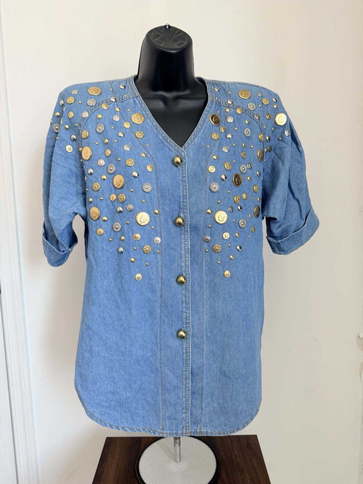 Vintage 80’s Monique Fashions Studded Medallions Denim Top Women’s Size 8