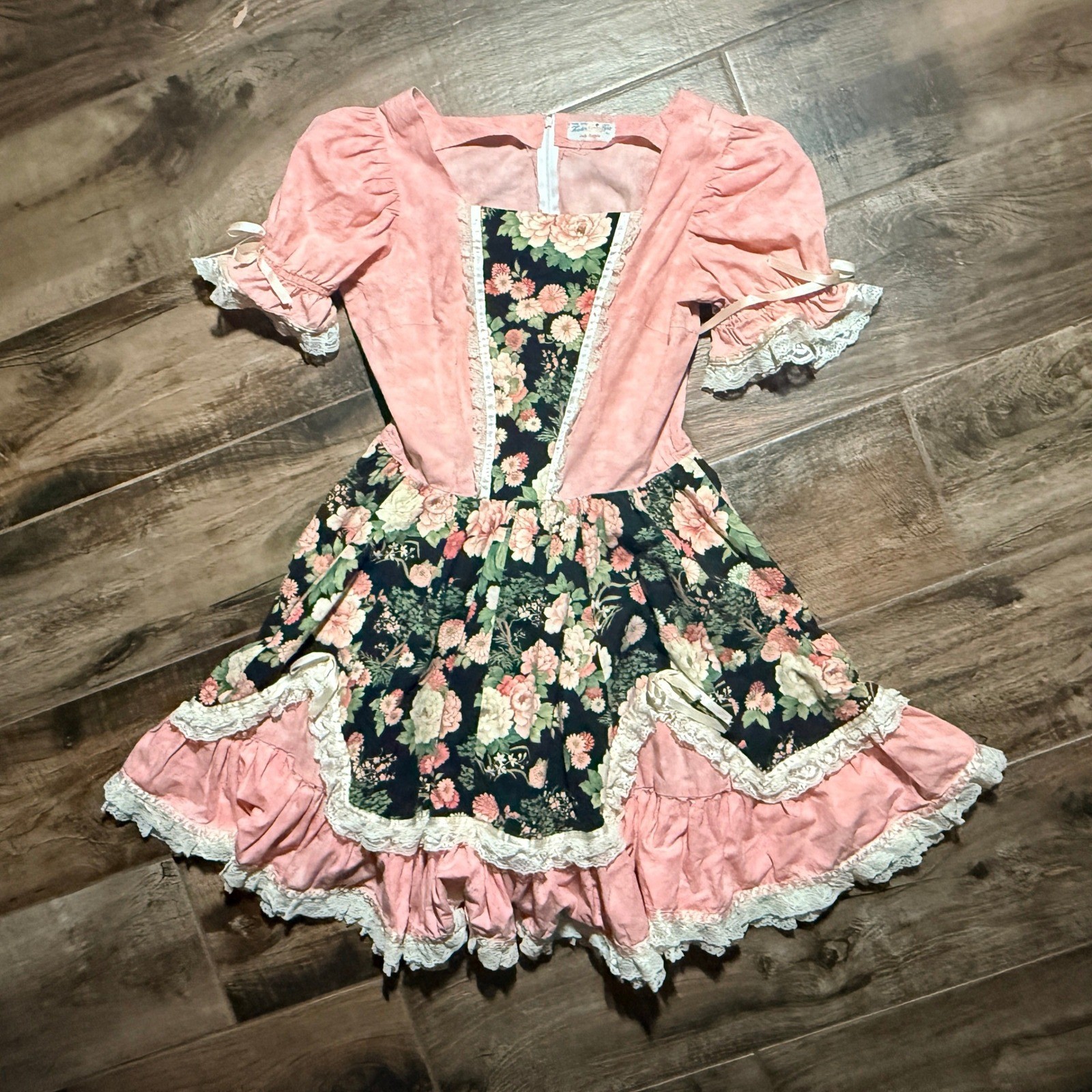 Judy Hoppes VTG Womens Cottagecore Floral Lace Ruffle Lolita Square Dress,Pink,M