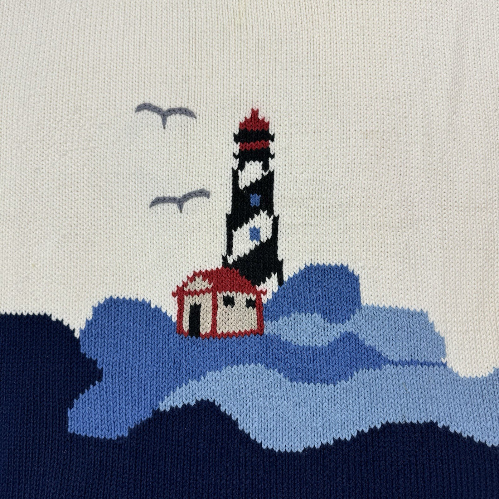 VTG 90S REY WEAR HAND KNIT COTTON LIGHTHOUSE OCEAN GRAPHIC SWEATER WOMENS 2XL