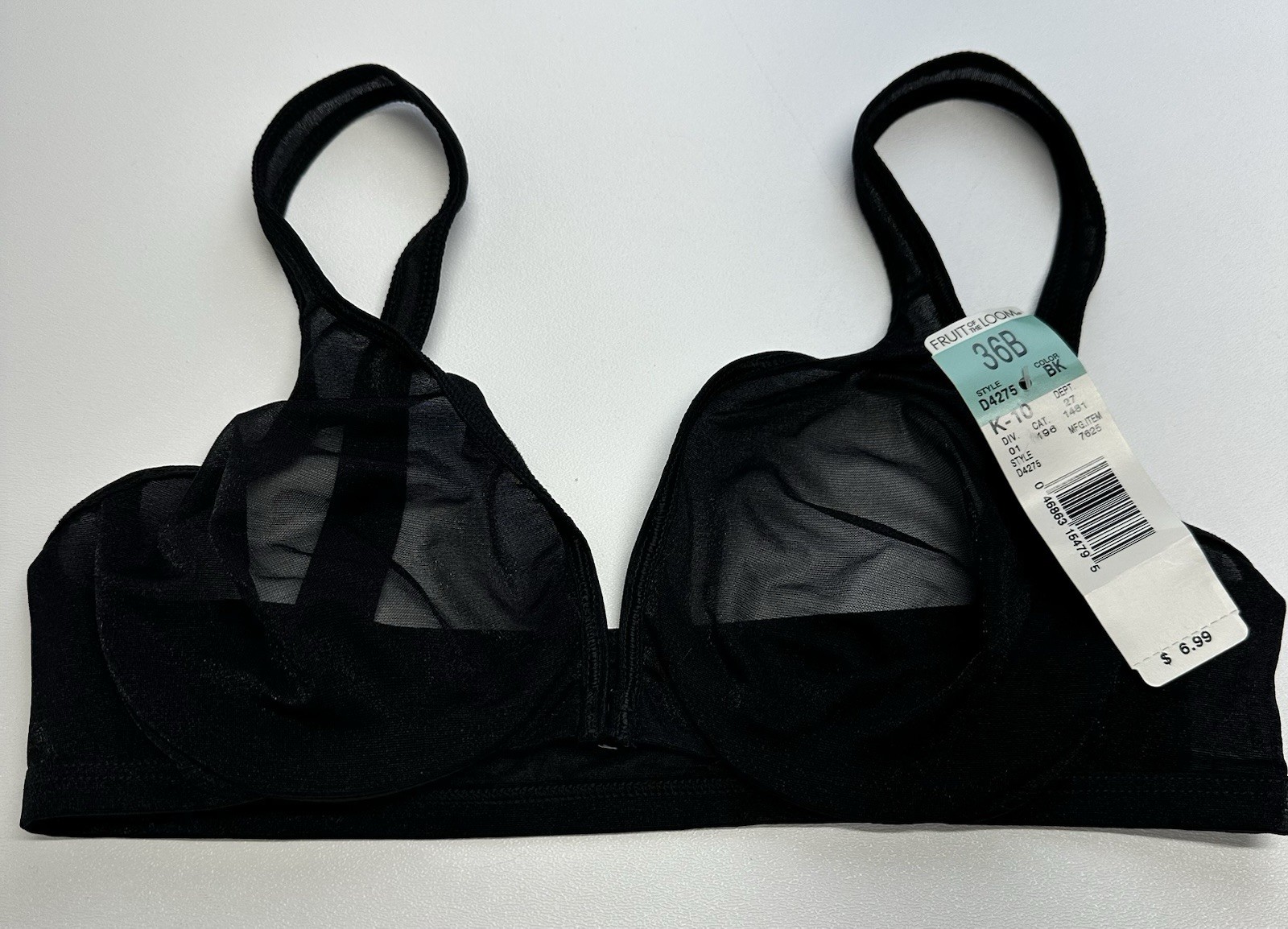 VTG Fruit Of The Loom Bra 36B Black Sheer Mesh Underwire 90s Lingerie