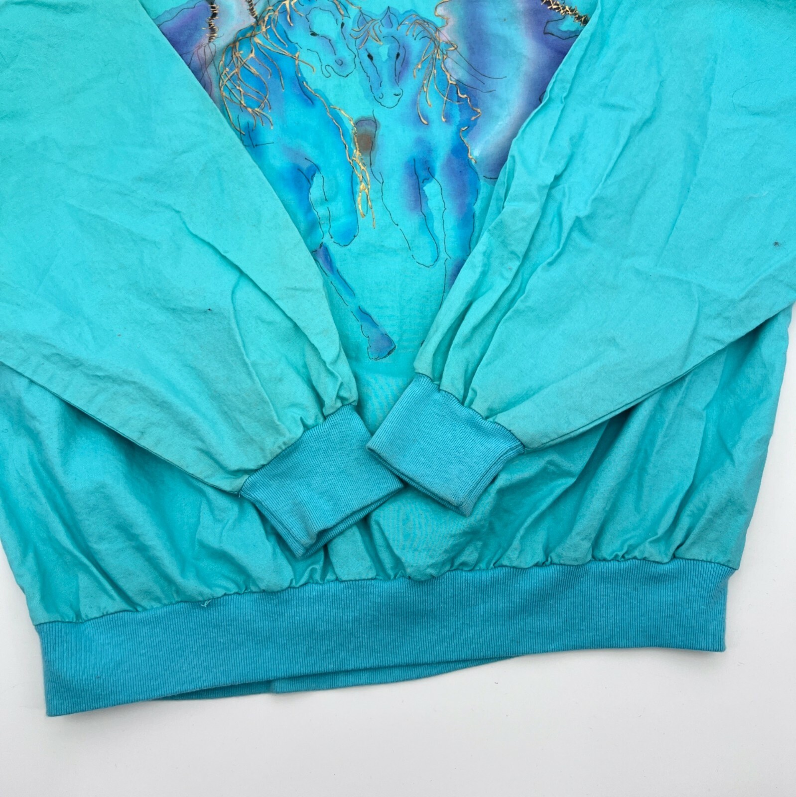 Vintage 80s Cotton Turquoise Blue Hand Painted Native American Watercolor Size L