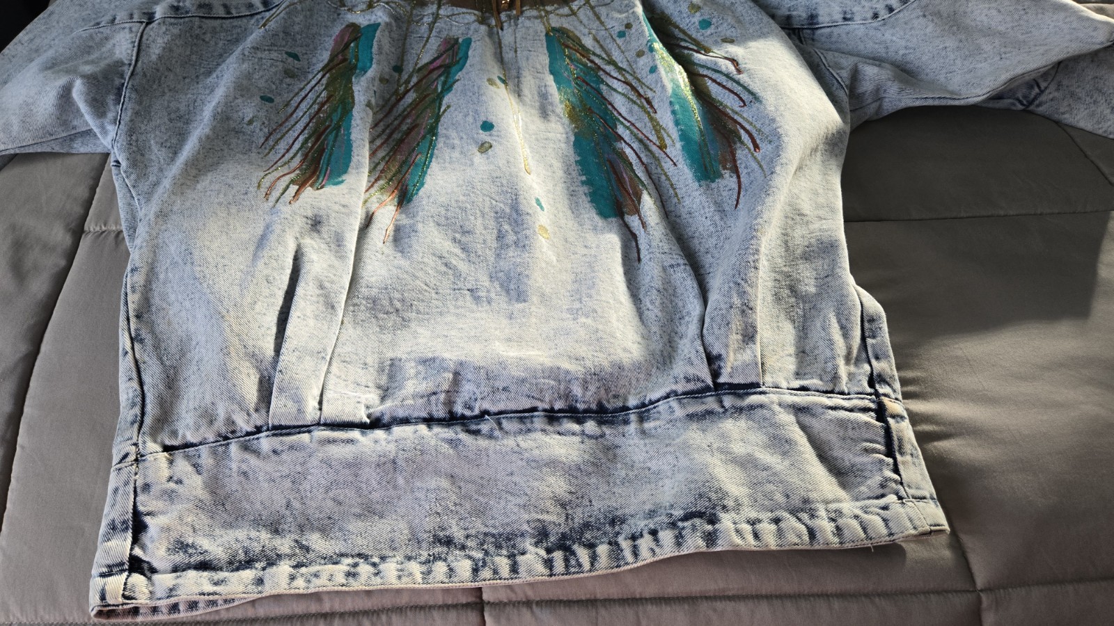 Vtg Copacabana Acid Wash Denim Jacket Hand Painted Fringe Western 90s Unisex L