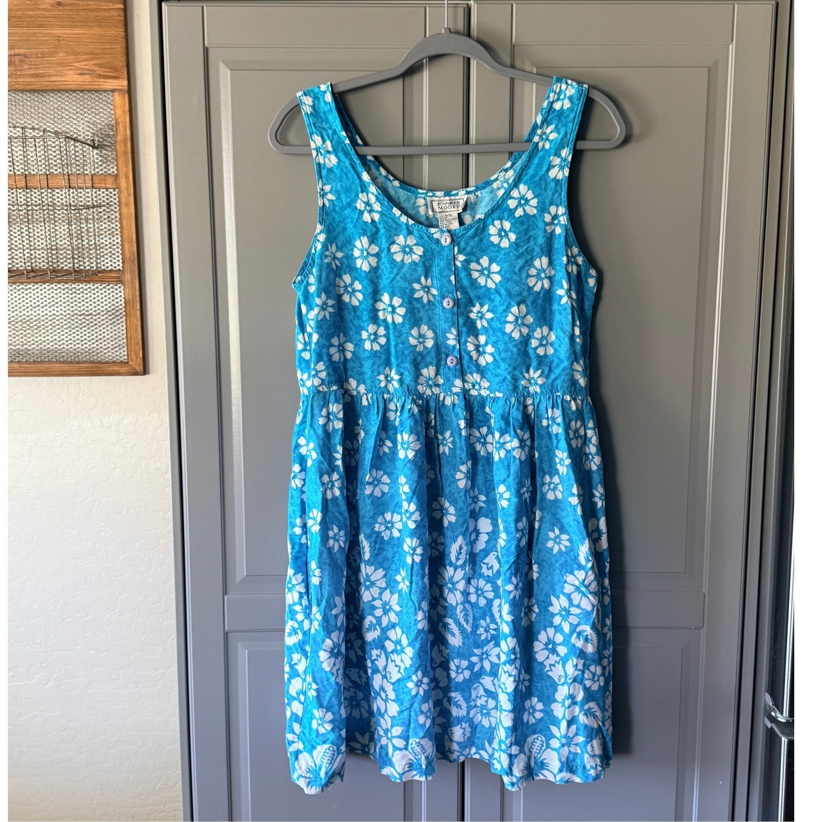 Jennifer Moore Vintage Tropical Hibiscus Sleeveless Babydoll Sundress,Teal,M