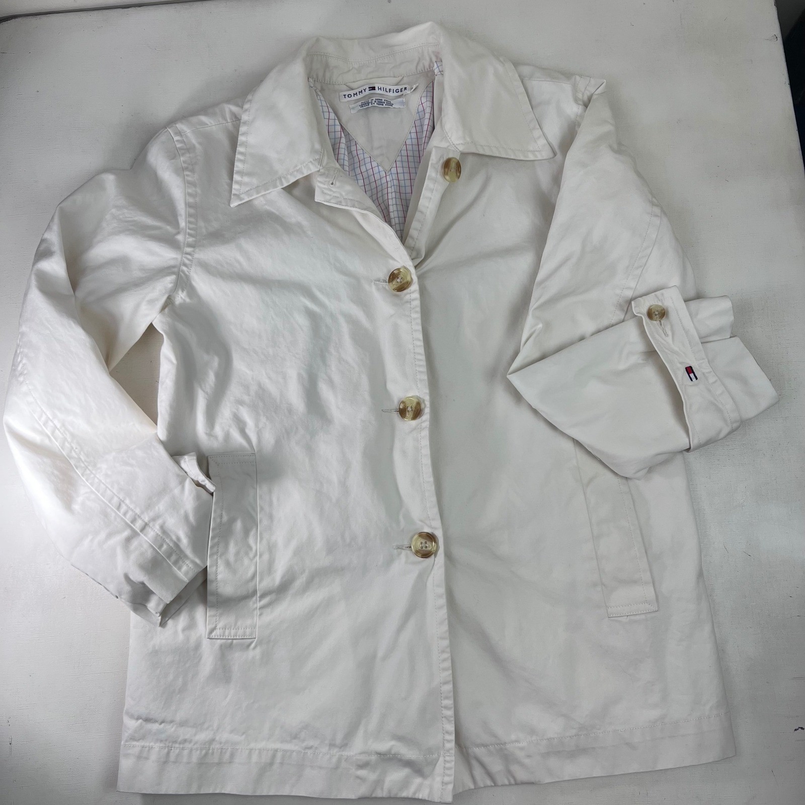 Vtg Tommy Hilfiger White Cotton Button Up Jacket Womens Medium Casual Mod Disco