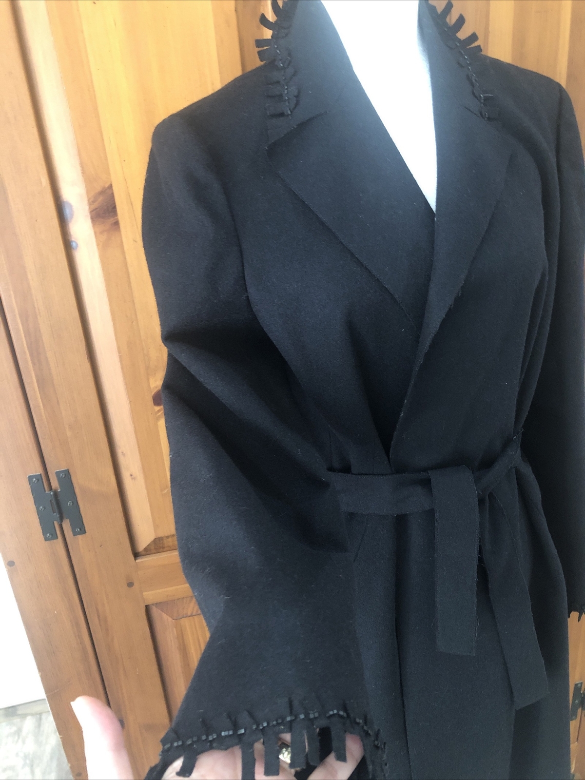 Valentino Miss V Vintage 80s Black Wool Felt Wrap Fringed Beaded Coat size 44 10