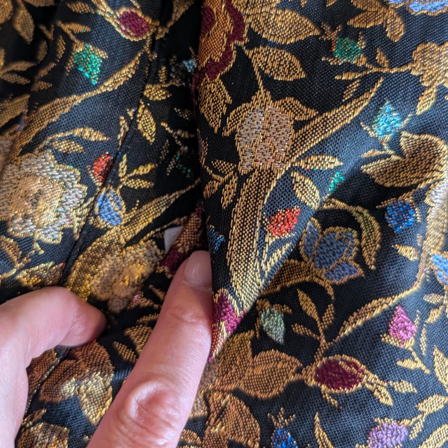 VTG 80s Satin Floral Brocade Jacket Womens M Black Gold Boho Chic Regency Whimsy