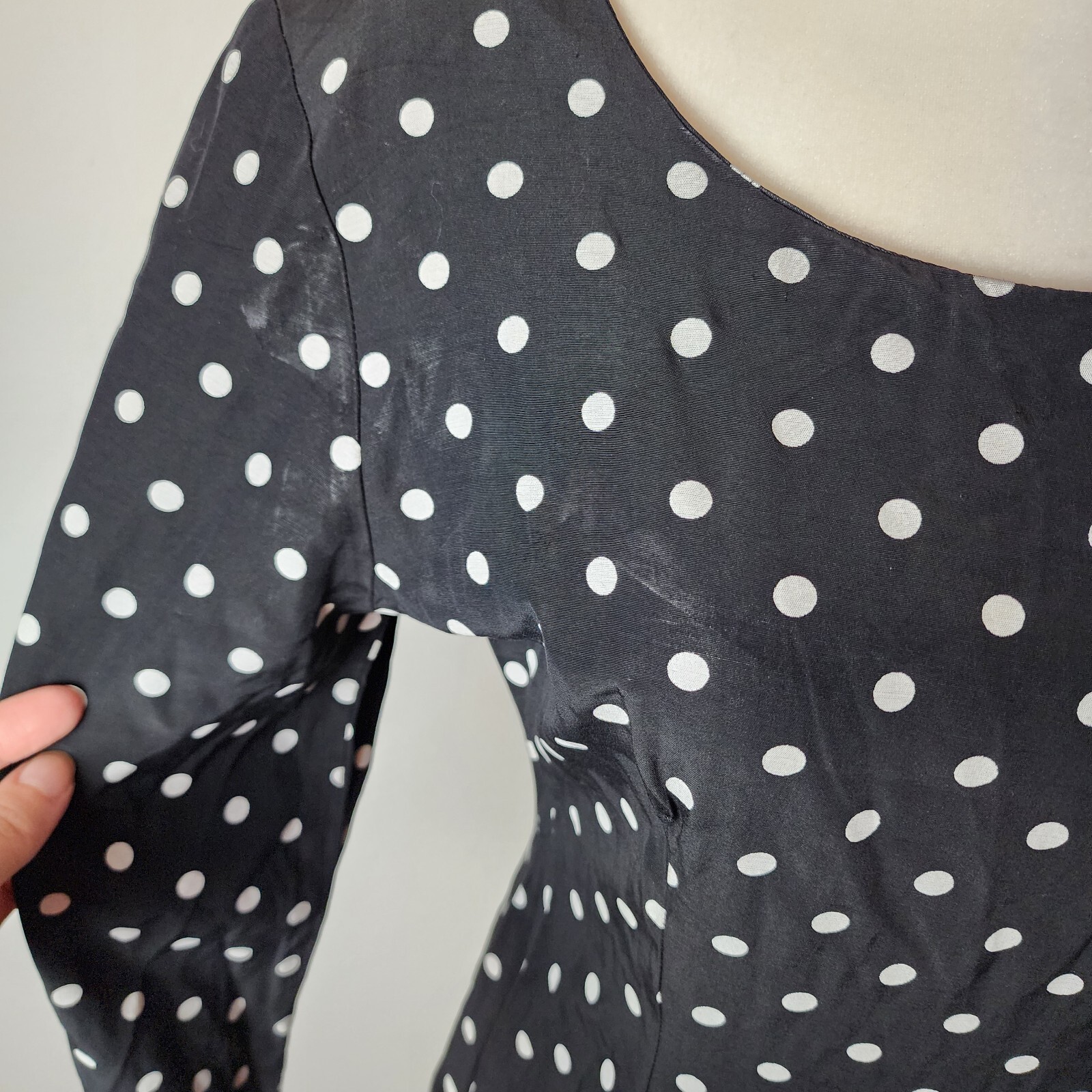 Vintage 80s 1940s DiamondsRun Black White Midi Pencil Dress Long Sleeve PolkaDot