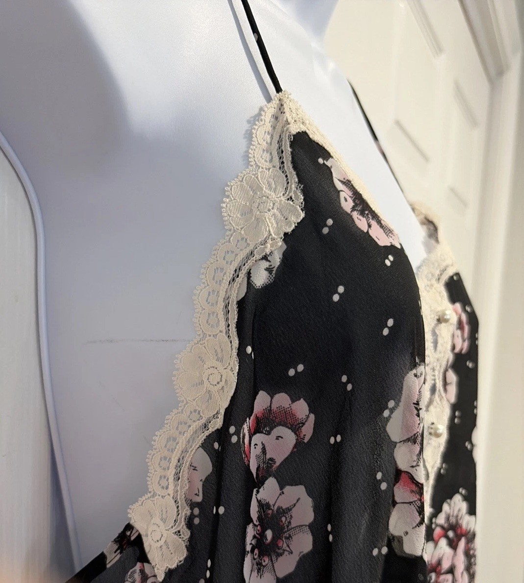 Prima Donna Black Floral with Ivory Lace Trim Long Nightgown Size M