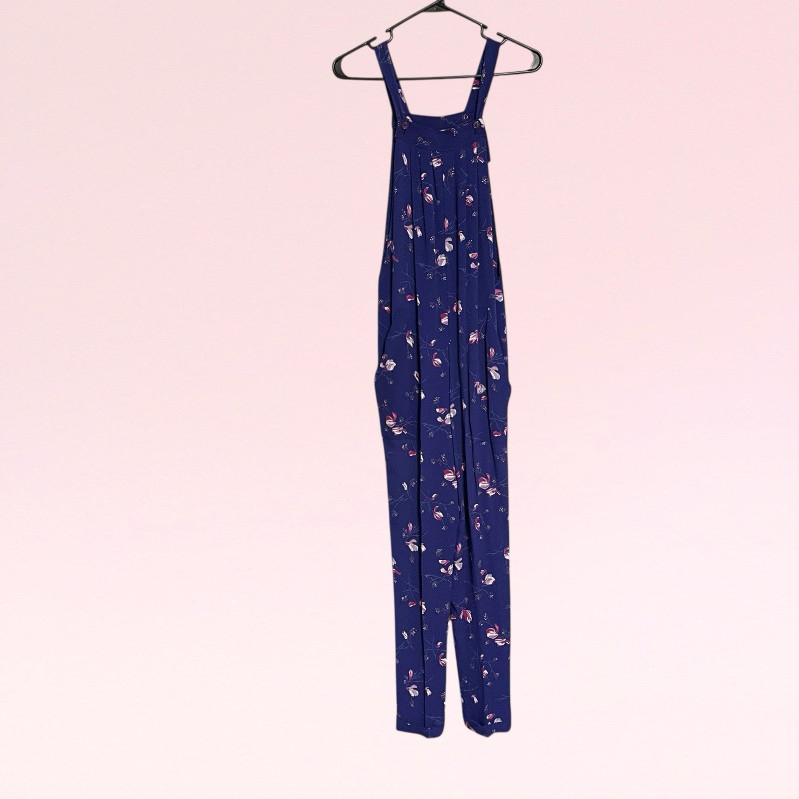 vintage 70s purple floral rayon pleated wide-leg hippie boho overall jumpsuit S