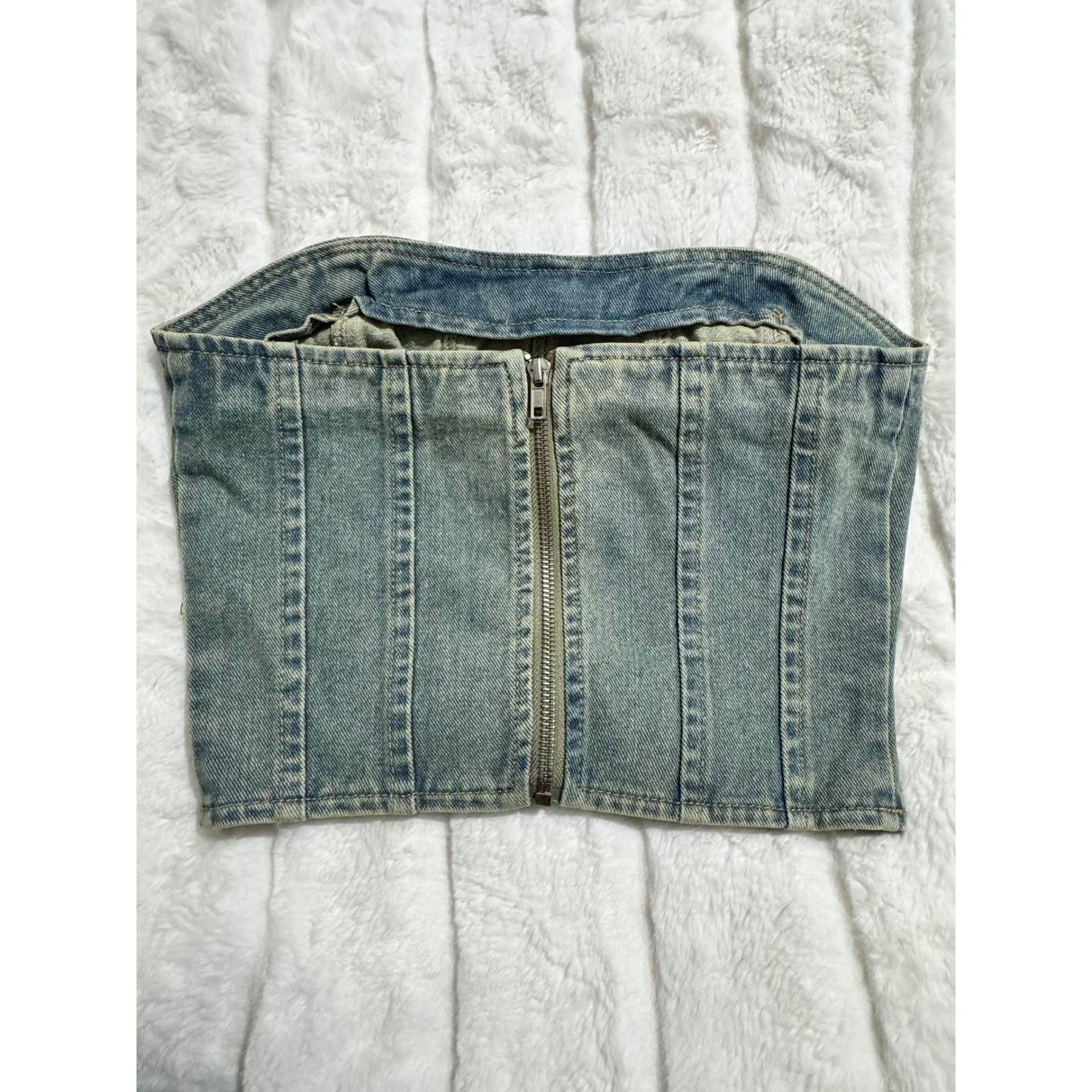 PrettyLittleThing Petite Vintage Wash Denim Corset Tube Top Bandeau 00 NWT