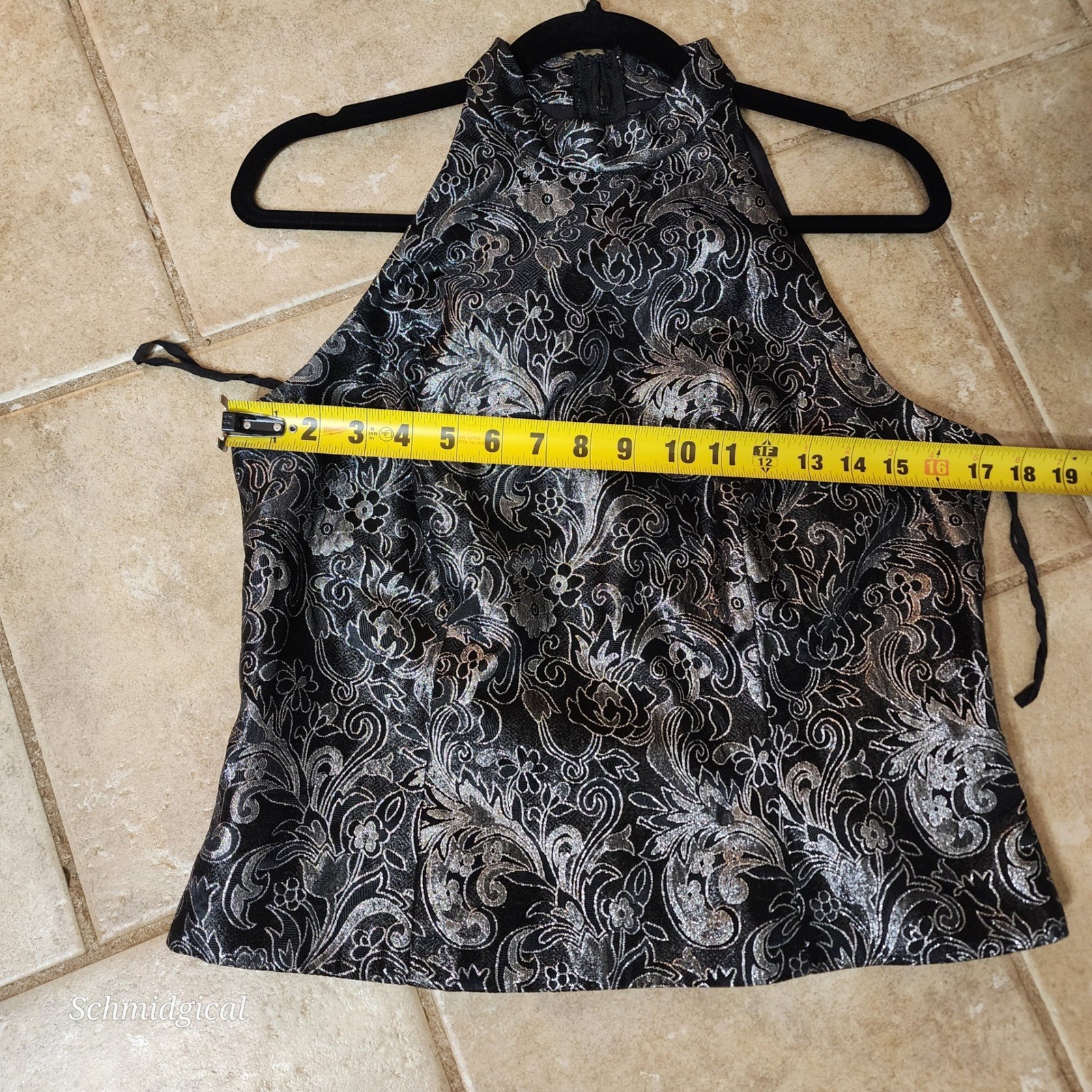 Vintage Michaelangelo Silver Metallic Floral Brocade Halter Mock Neck Top 90s 12