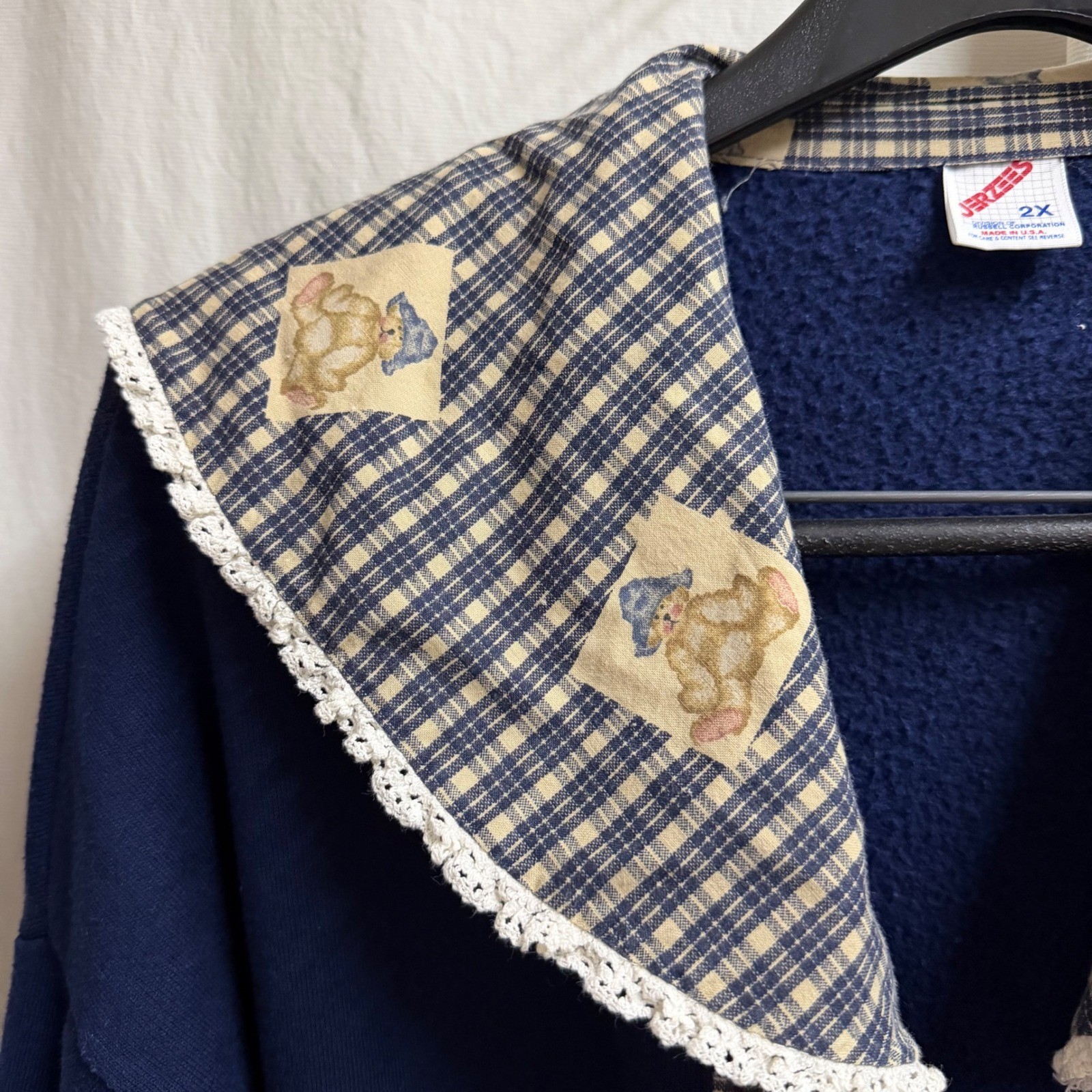 Vintage Jerzees Navy Teddy Bear Plaid Collar Fleece Cardigan 2X USA Cottagecore