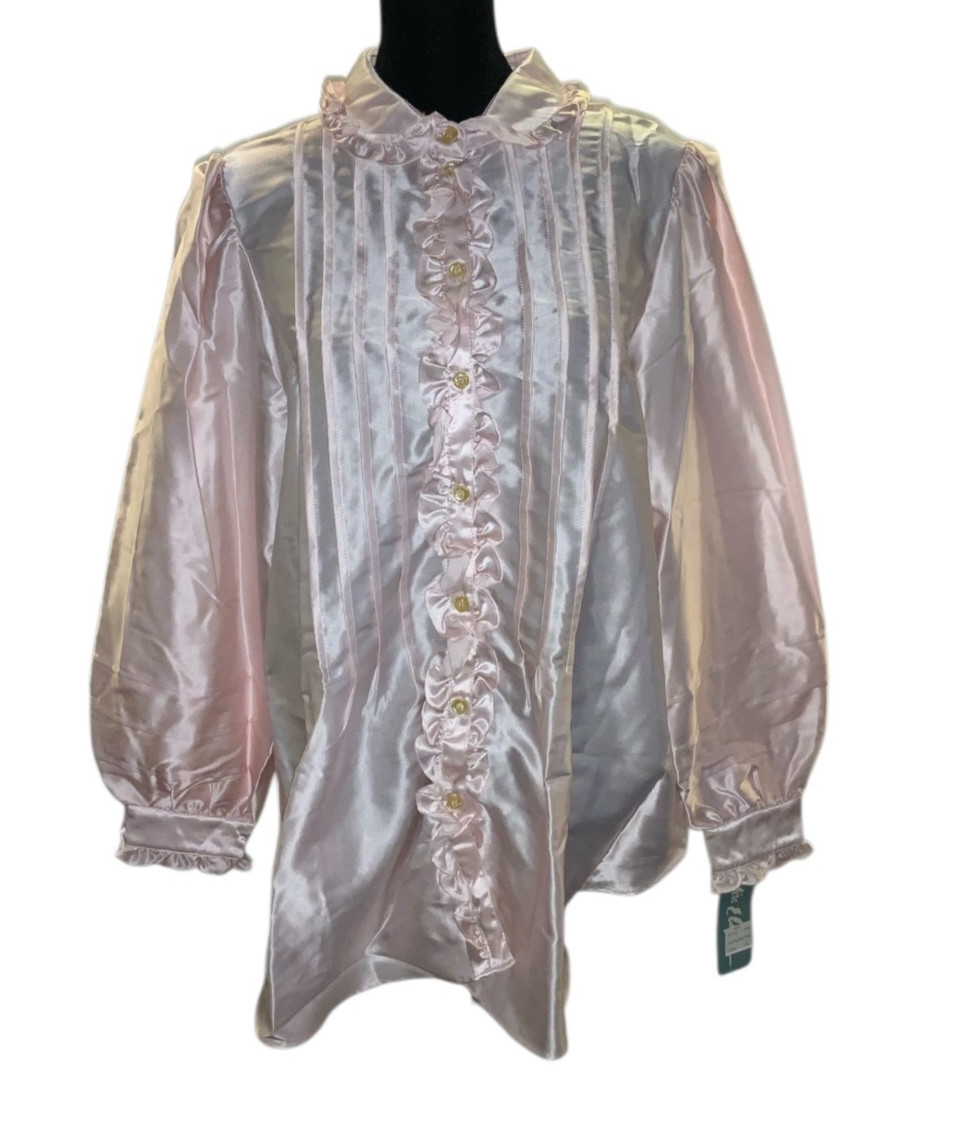 Vintage 80s MISS ELAINE Pink Ruffle Victorian Modest High Neck Pajama Top L NWT