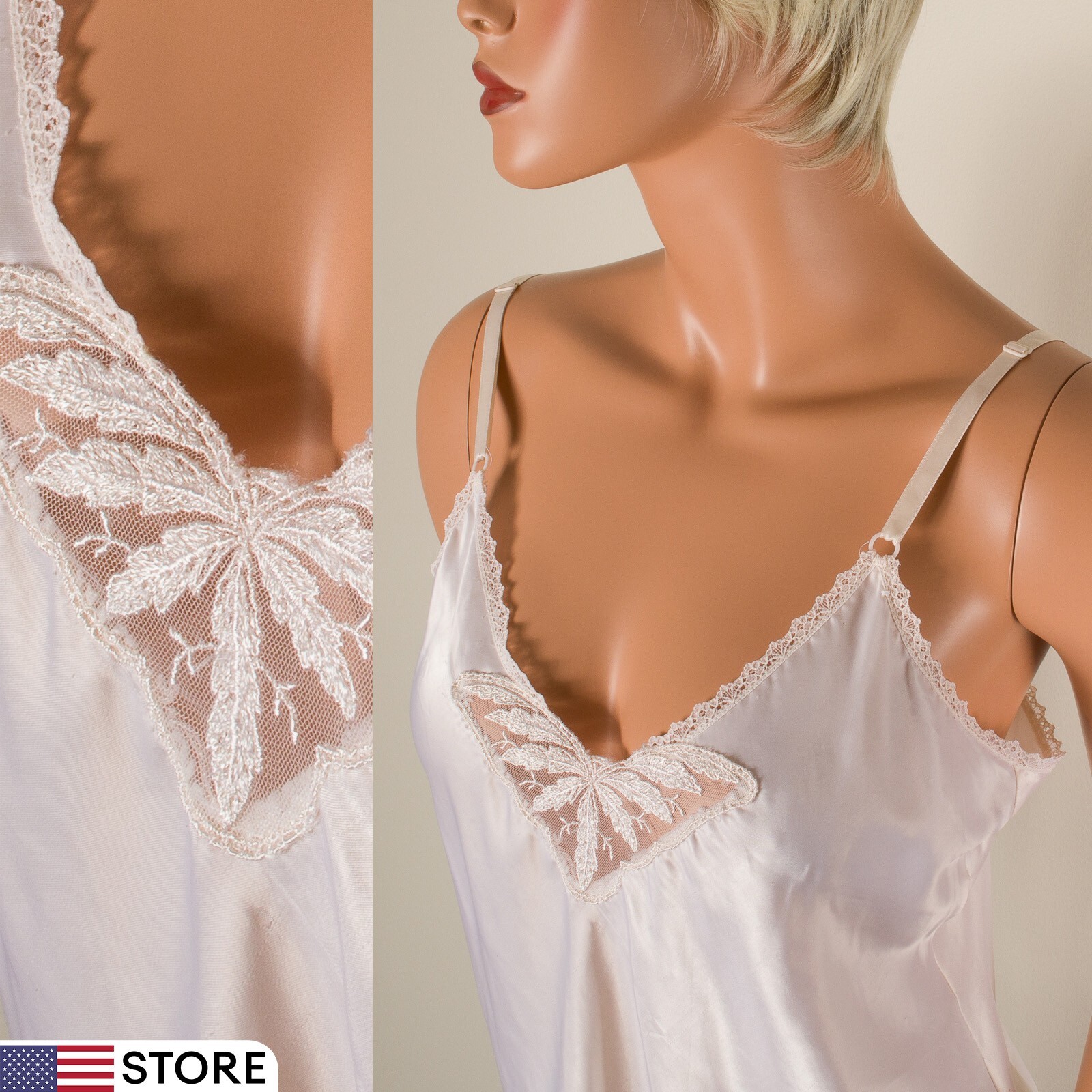 💖 MAIDENFORM Vintage Ivory Silky Satin Cami Tank Top Embroidered Front 36