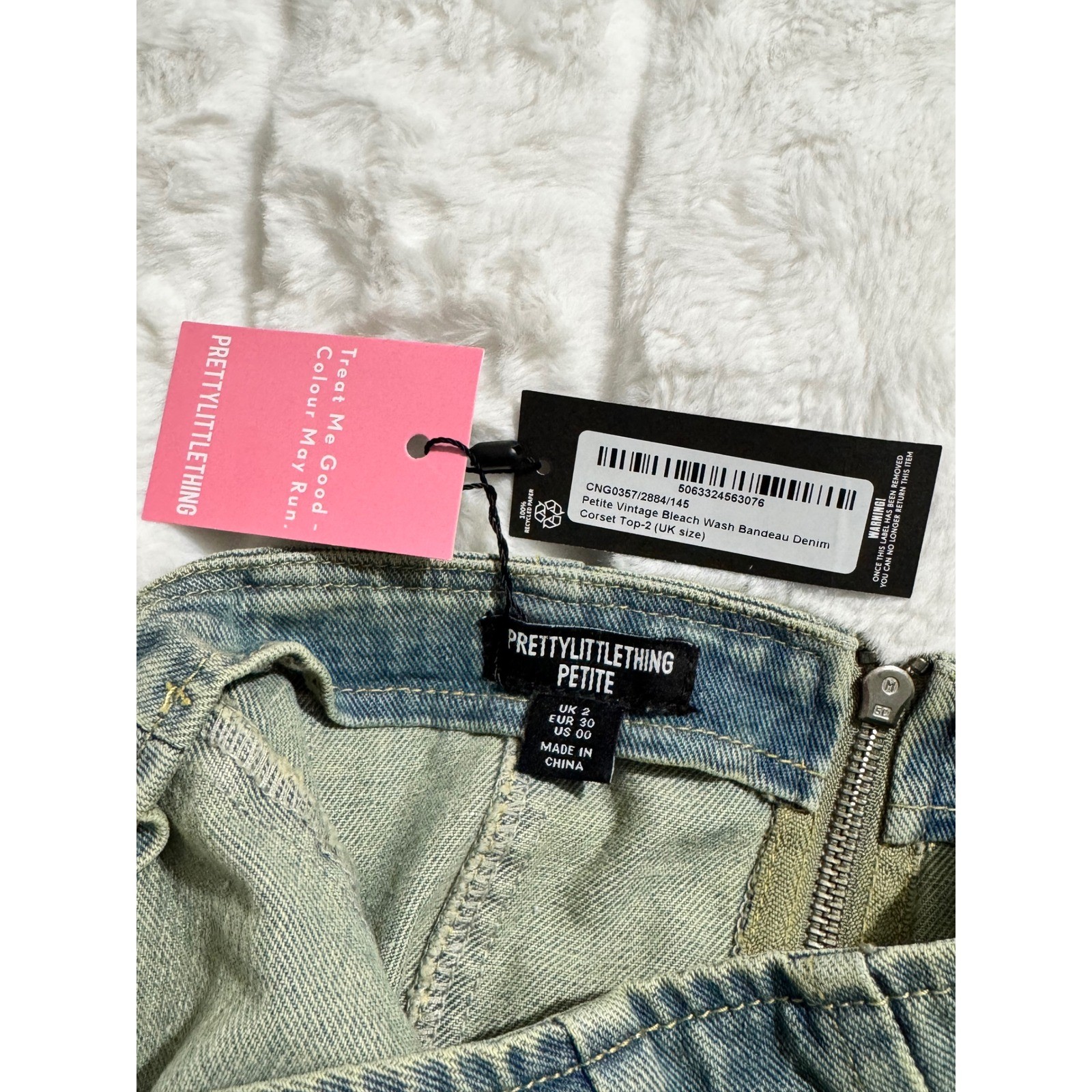 PrettyLittleThing Petite Vintage Wash Denim Corset Tube Top Bandeau 00 NWT