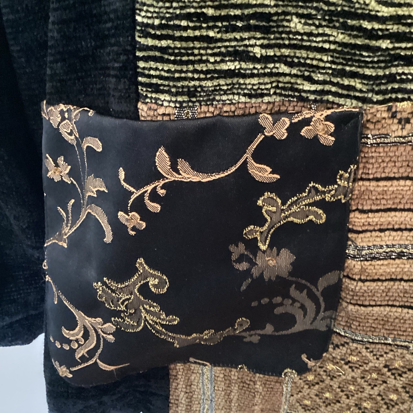 Vtg Maggie Barnes Jacket Retro Patchwork Boho Embroidered Chenille 3X Black Gold