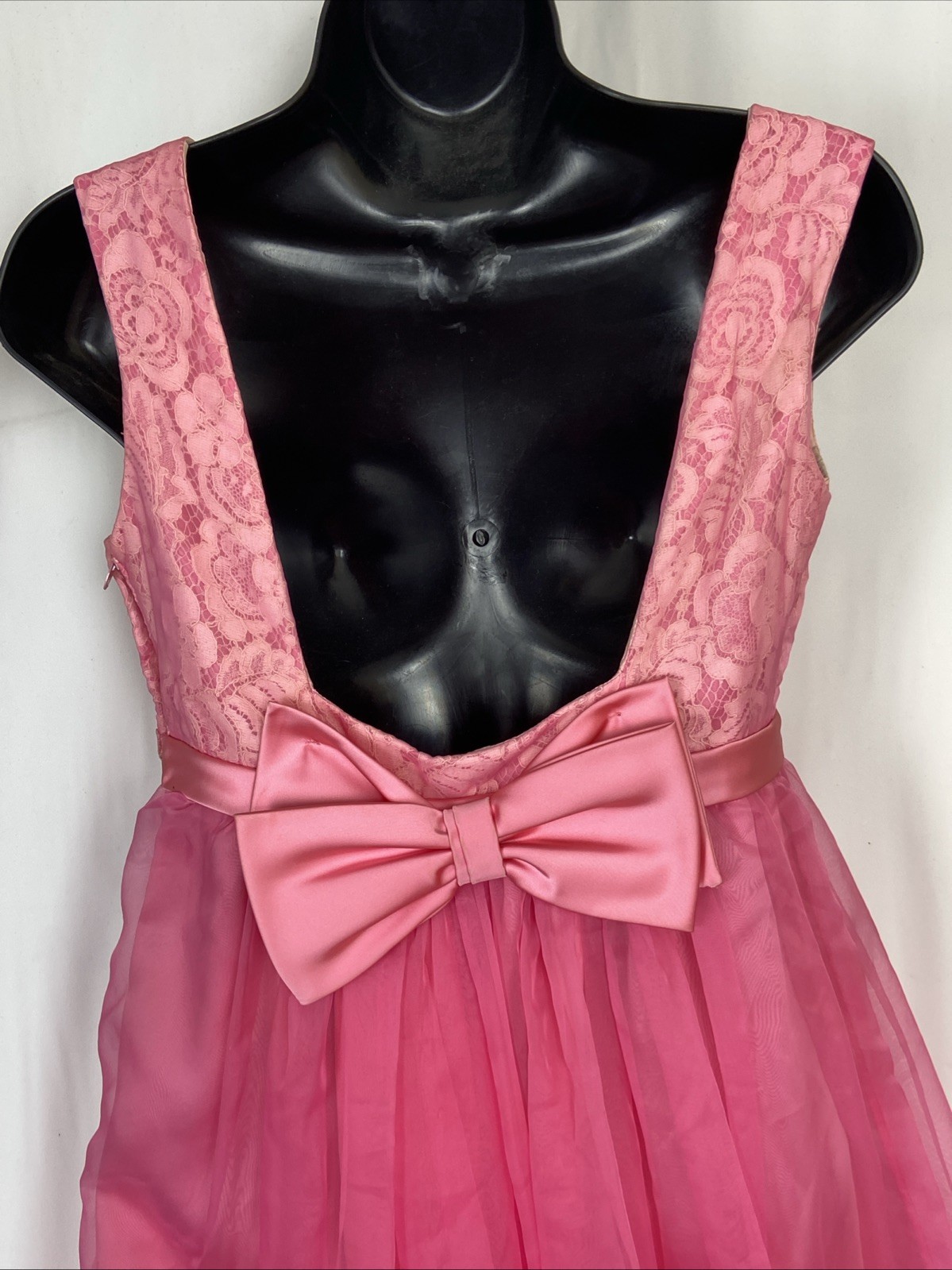 Vintage 60s Sleeveless Chiffon Dress Pink Lace Lined Bow Open Back Empire Waist