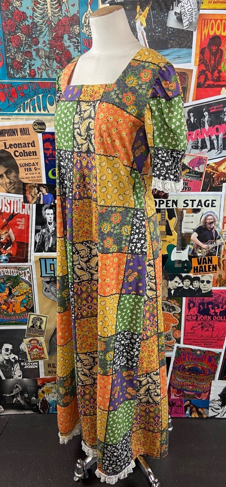 Vtg 70s Colorful Patchwork Print Puff Sleeve Maxi Boho Hippie Dress S/M Retro