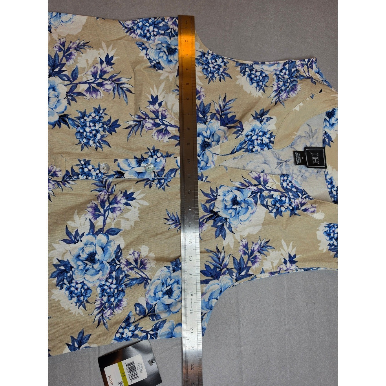 JH Women’s Dress Size 14 Tan Blue Floral Print Rayon Linen V-Neck Sleeveless