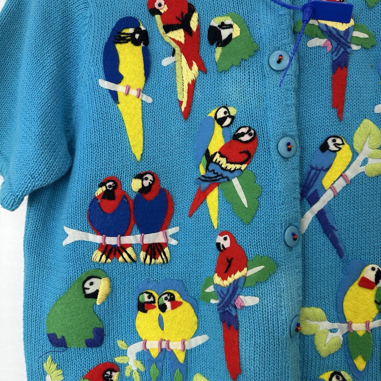 Susan Bristol VTG 1999 Parrot Cardigan Tropical Bird Knit RamieCotton Y2K S READ