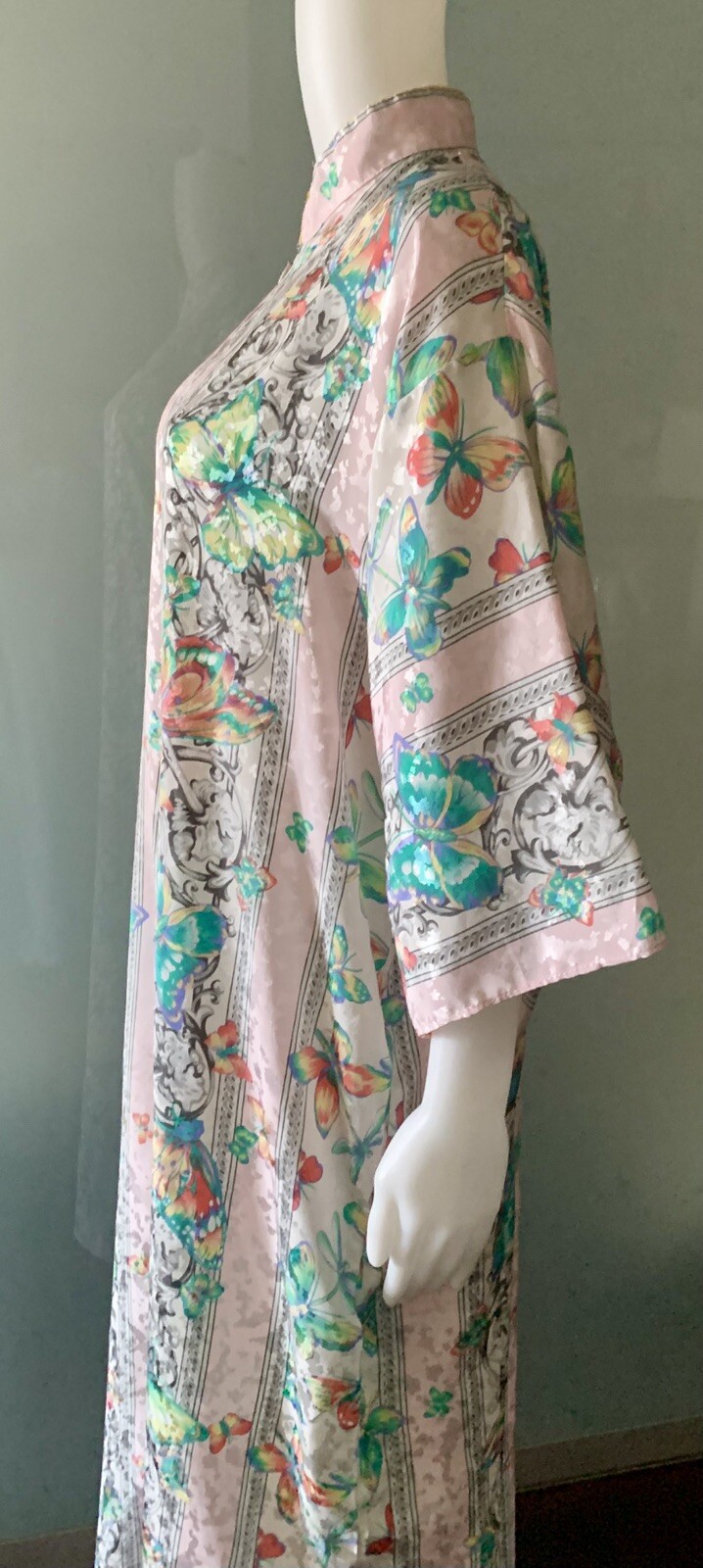Vintage 70s Ruth Norman Pink Caftan Butterfly Dragonfly Loungewear L/ XL