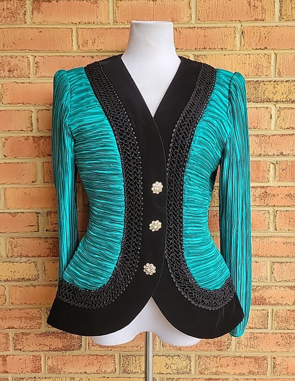 George F Couture Teal Green Black Polyester Velvet Whimsigoth Edwardian Jacket