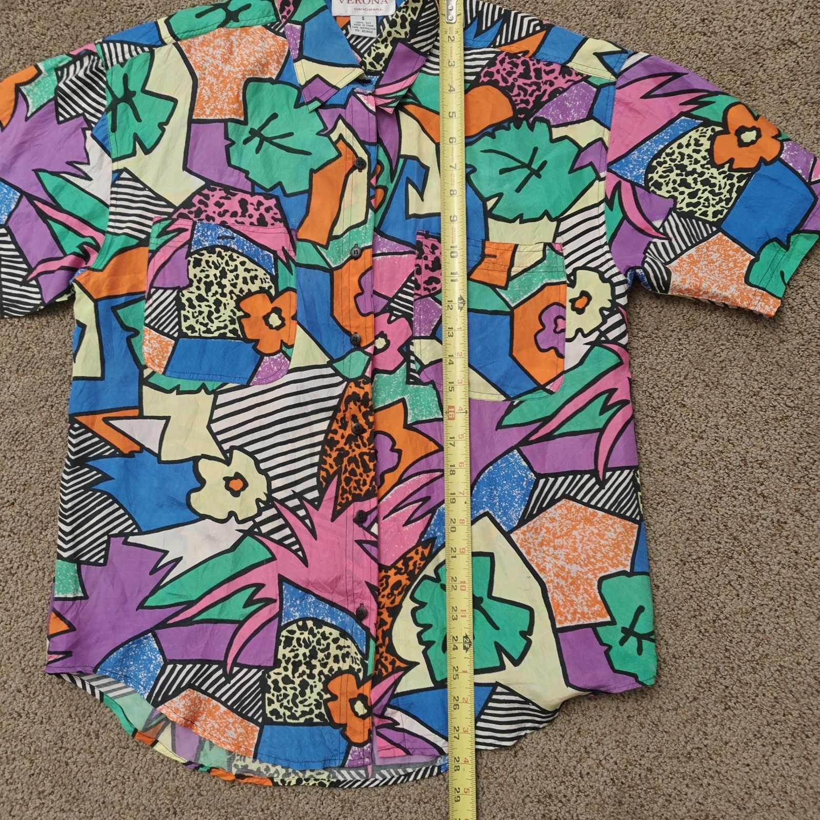 Verona Original Vintage 90s 100% Silk Abstract Geometric Short Sleeve Shirt S