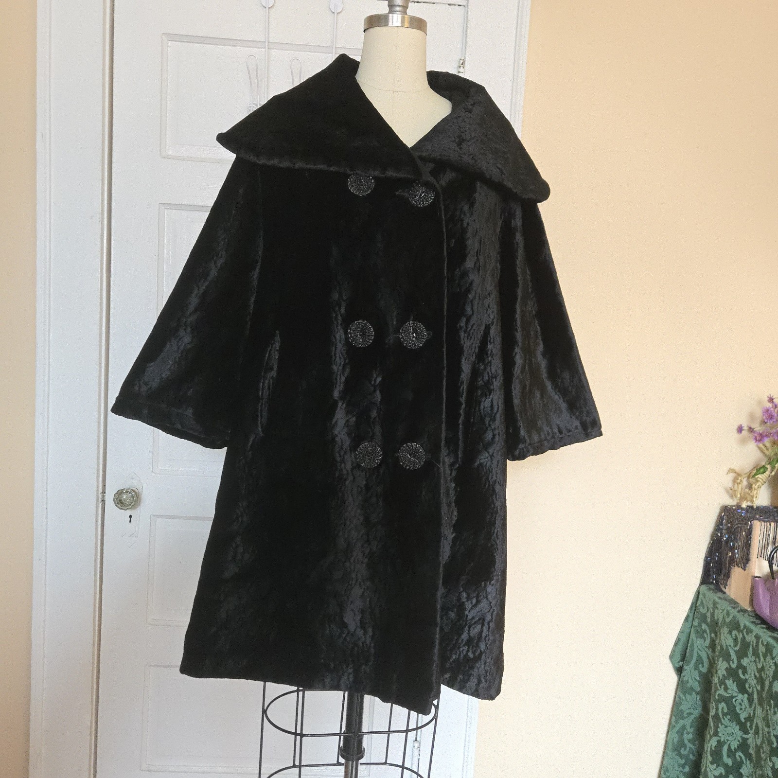1960s Vintage Swing / Opera Coat Black Faux Fur ILGWU Union Made Double Breasted