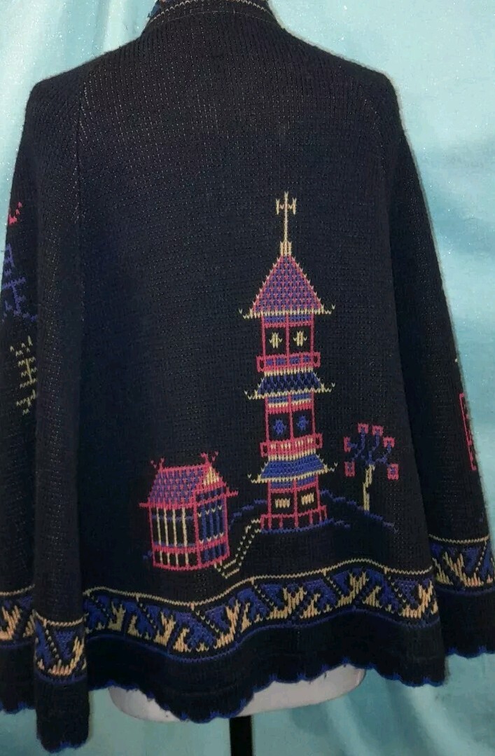 Vtg 60s 70s Acrylic Wool Japanese Chinese Ethnic Print Knit Novelty Cape Coat L