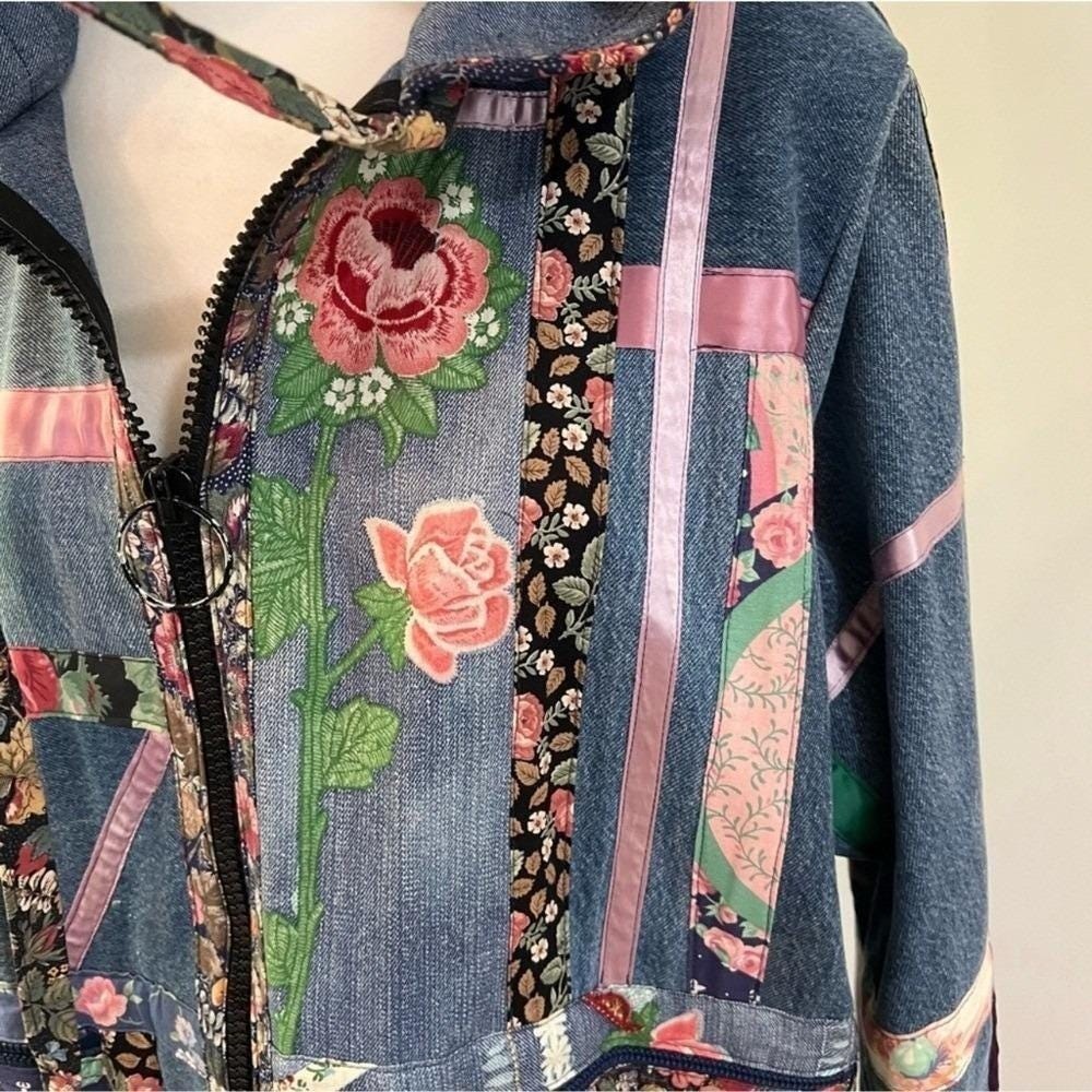 Vintage Patchwork Quilted Jacket Hooded Boho Oversized Denim Coat L XL