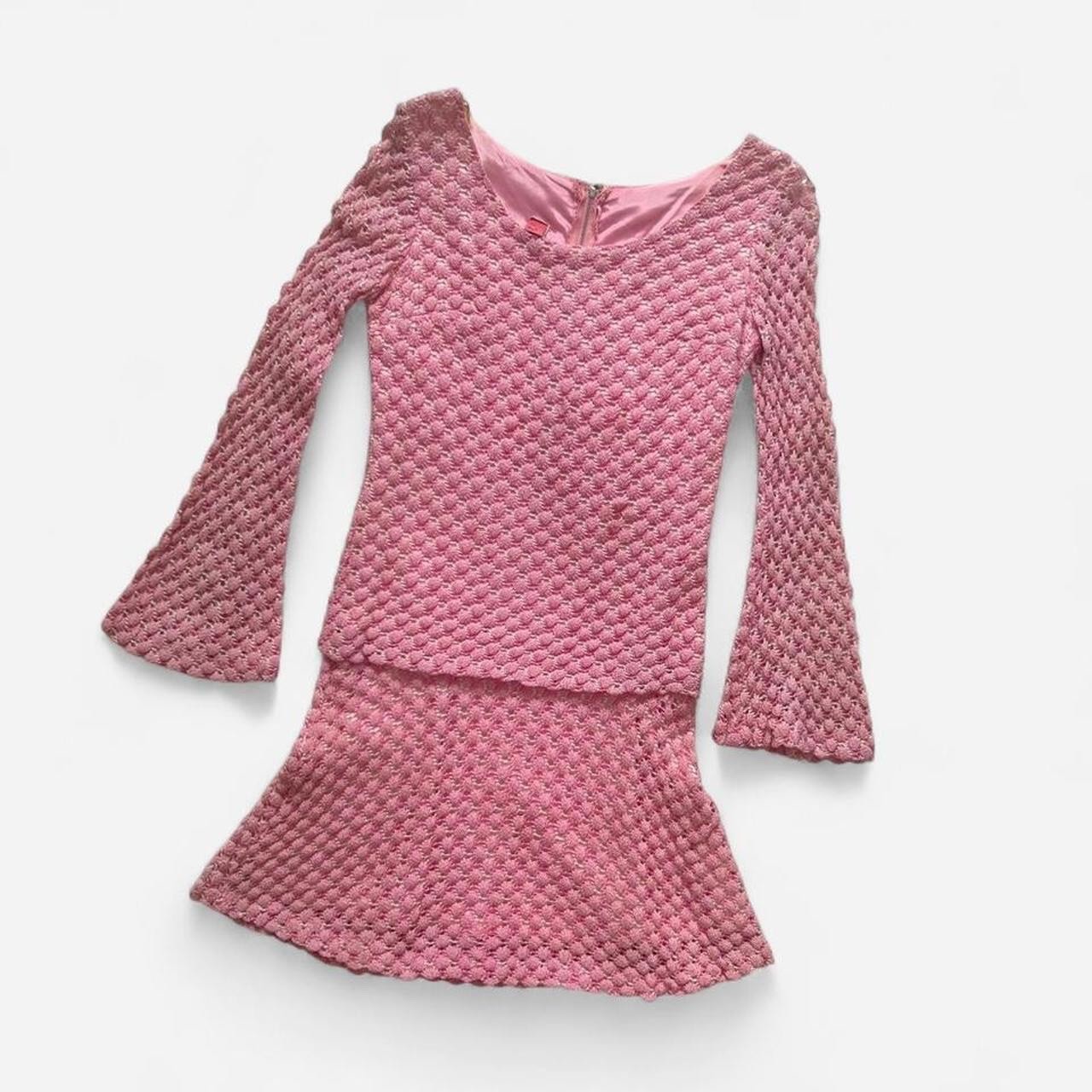 Vintage 1970s Pink Crochet Bell-sleeve Drop Waist Mini Dress
