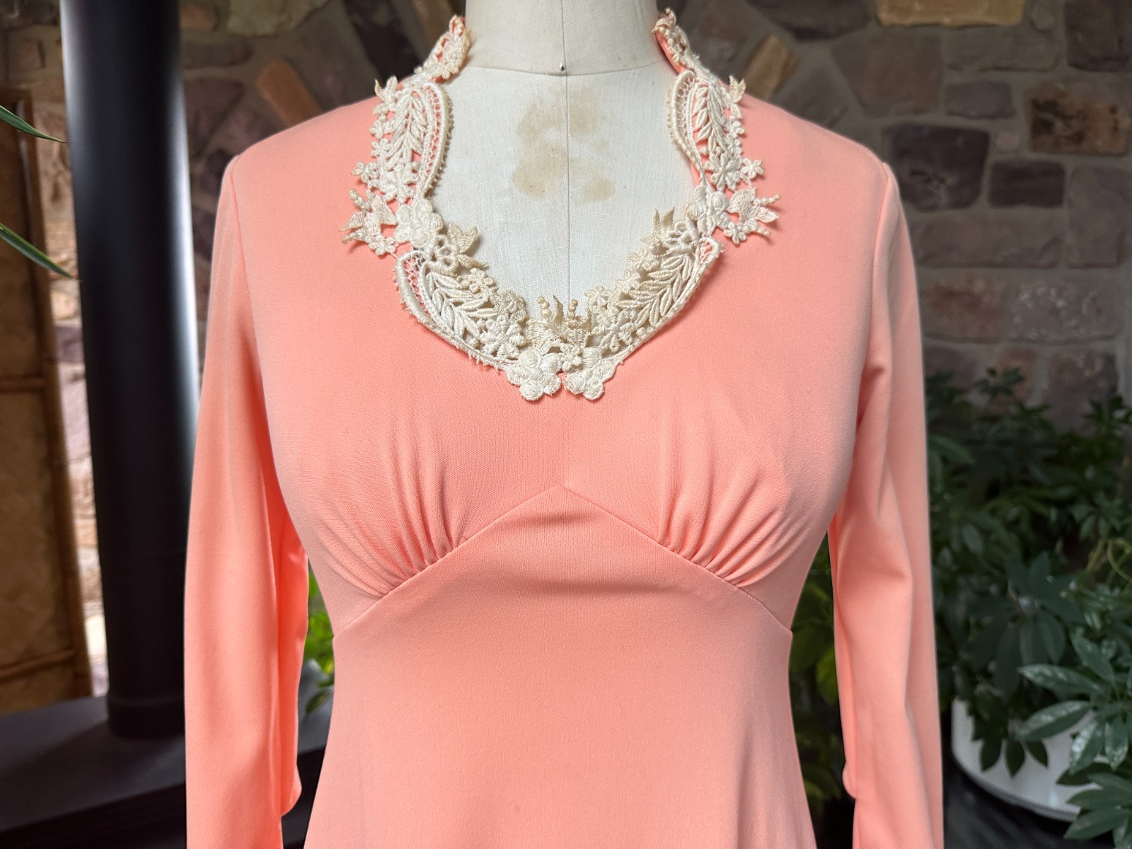 Vintage 1970s Apricot Knit and Ivory Lace Maxi Dress