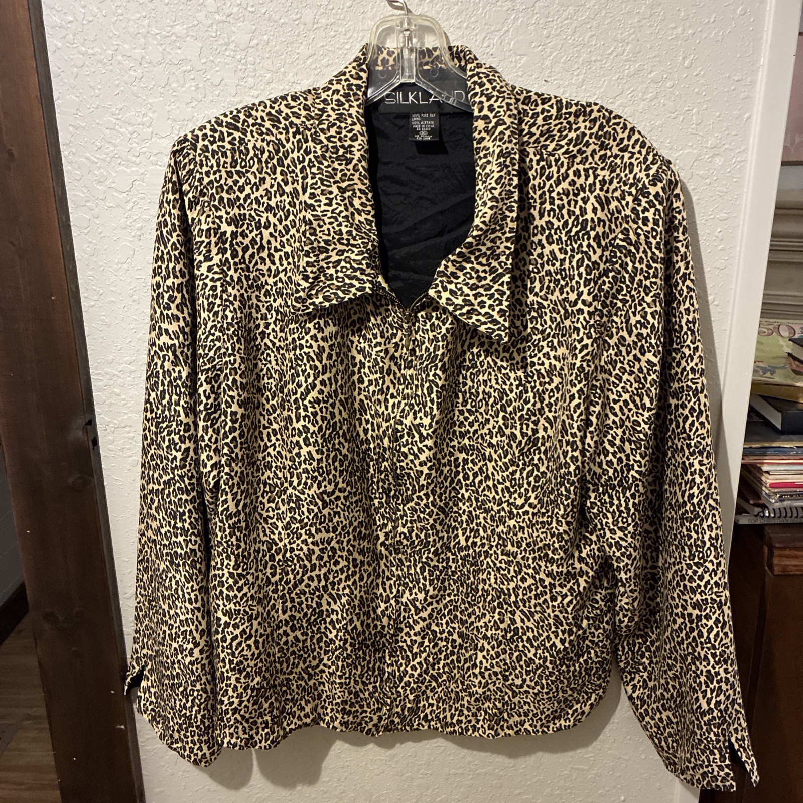 Silkland Zippered Gold Black Animal Print Lined Jacket 100% Pure Silk Size 16