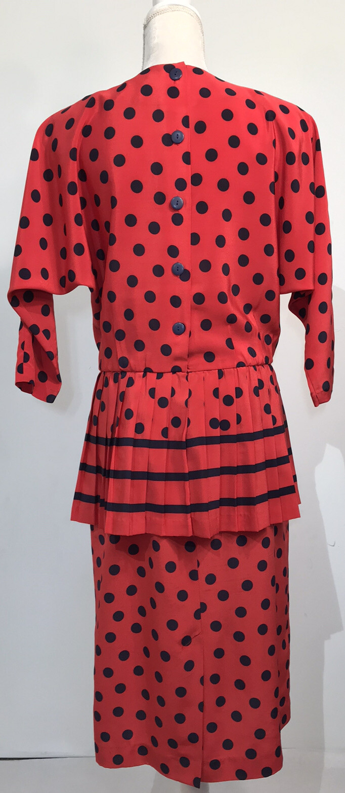 Vintage Blake Elizabeth Red Navy Blue Polka Dot Peplum Skirt Set Women’s Size 10